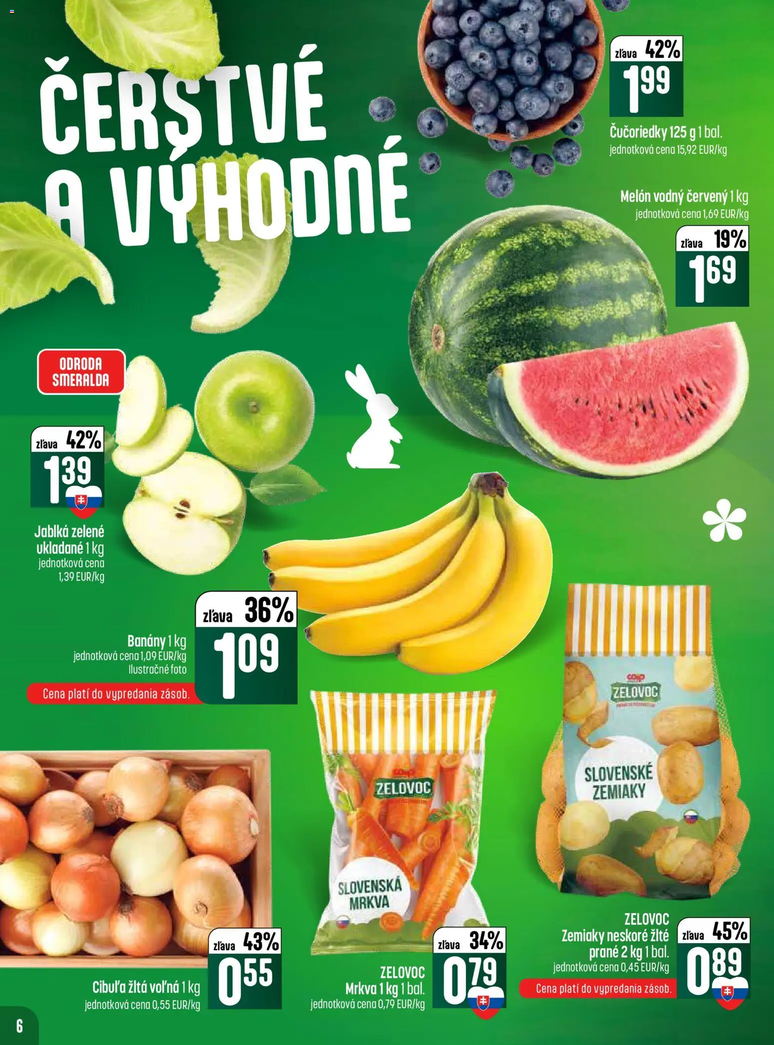 Nové COOP Jednota akcie – leták je platný od 26.03.2026 | Strana: 6 | Produkty: Čučoriedky, Mrkva, Zemiaky, Melón