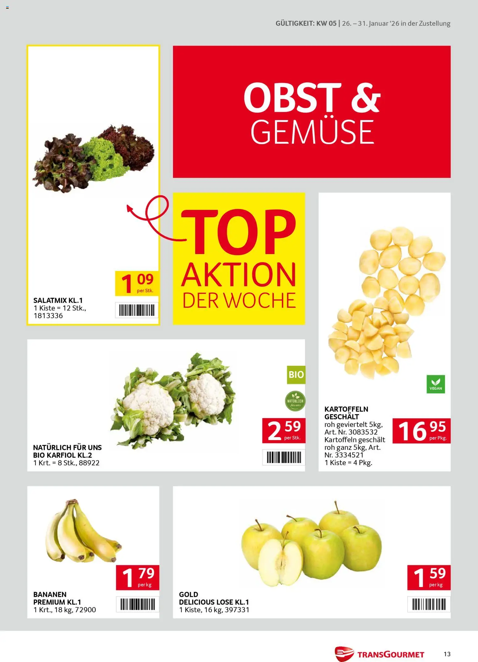 Transgourmet Zustellaktion gültig ab 26.01.2026 | Seite: 13 | Produkte: Kartoffeln, Gemüse, Obst, Bananen