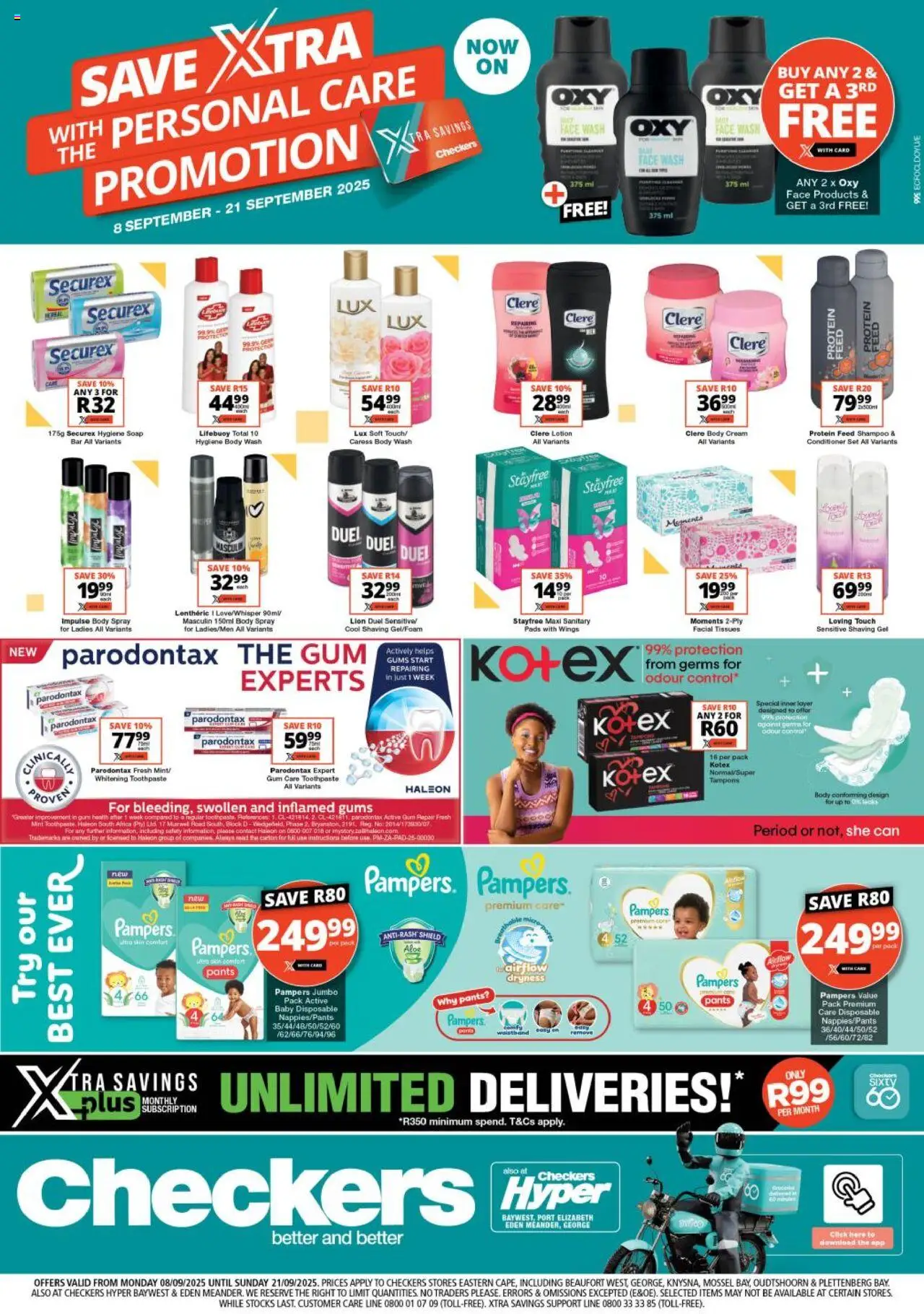 New Checkers catalogue – valid from 08.09.2025 | Page: 1 | Products: Pads, Body spray, Soap, Toothpaste
