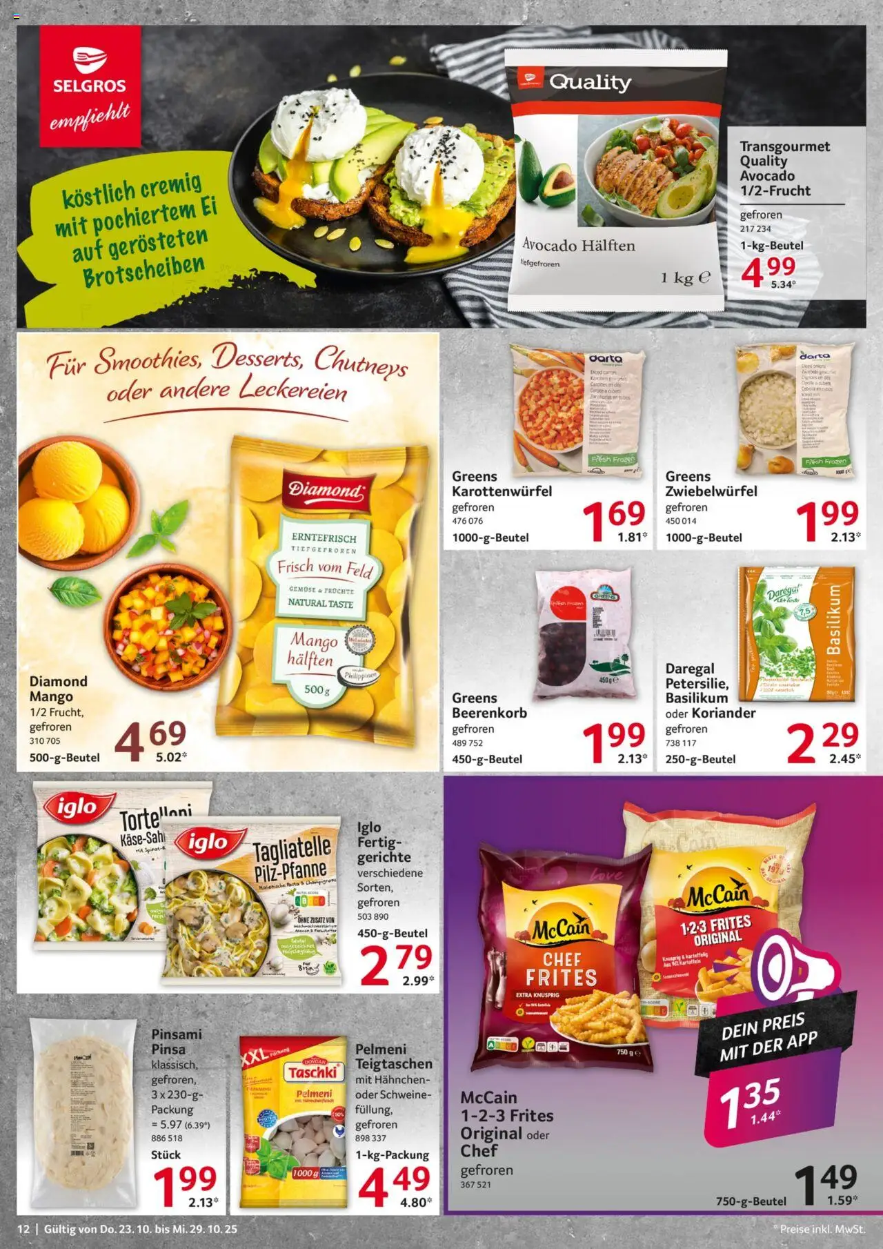 Selgros Prospekt 	 – gültig ab 23.10.2025 | Seite: 12 | Produkte: Hahnchen, Champignons, Gemüse, Mango