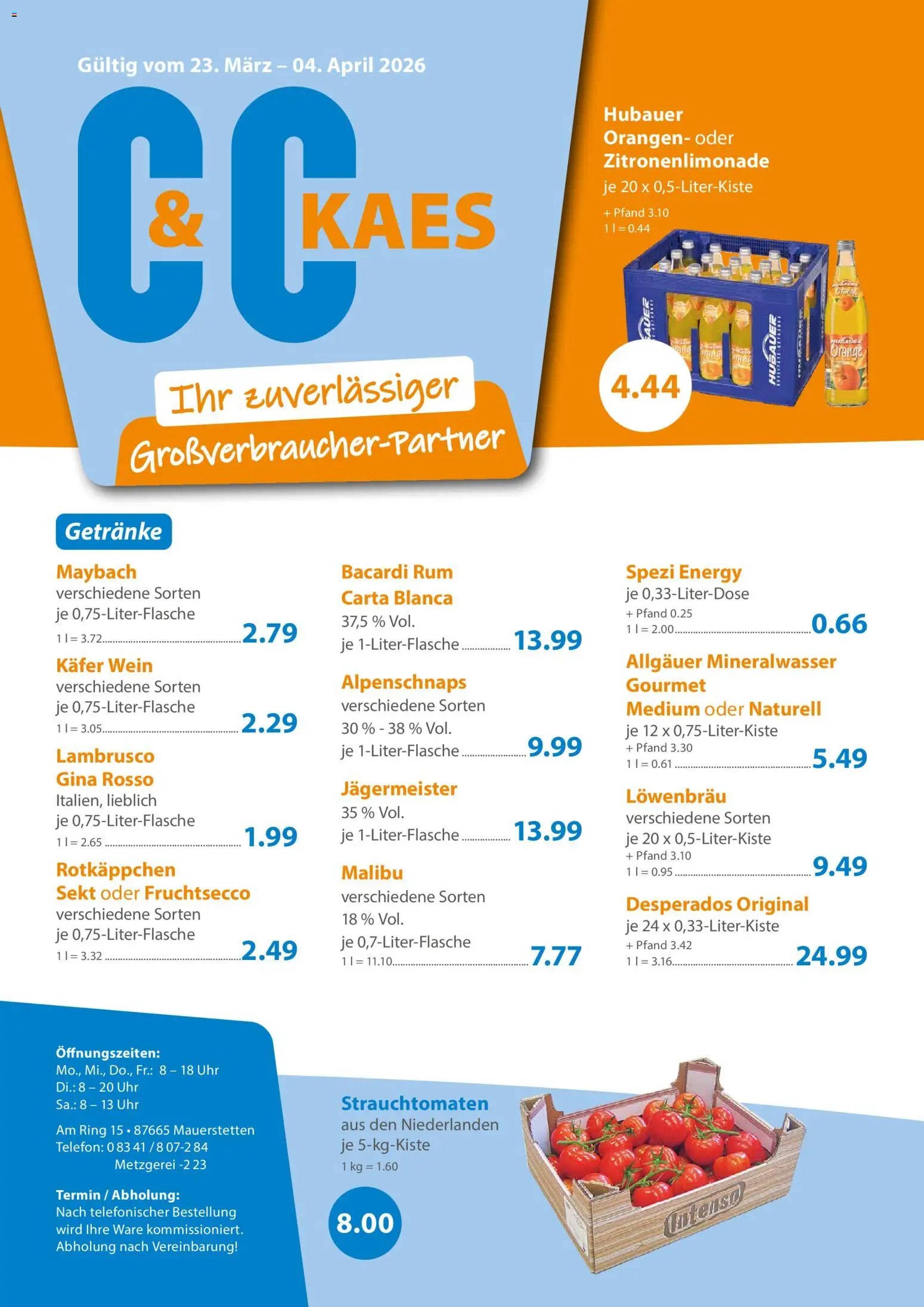 C&C Prospekt – gültig ab 23.03.2026 | Seite: 1 | Produkte: Bacardi, Orangen, Mineralwasser, Uhr