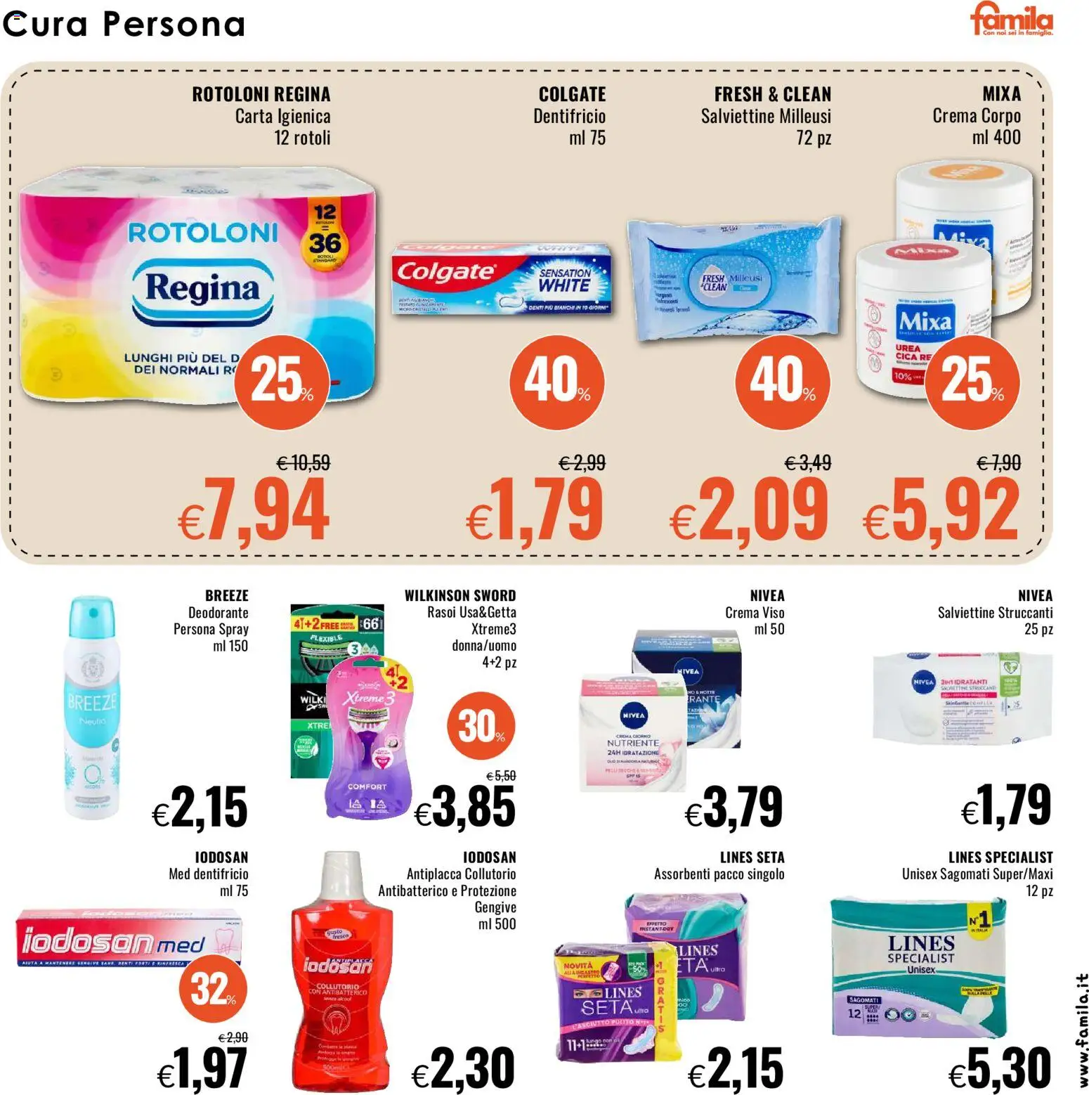 Volantino Famila del 09.04.2026 | Pagina: 17 | Prodotti: Carta igienica, Deodorante, Collutorio, Crema viso