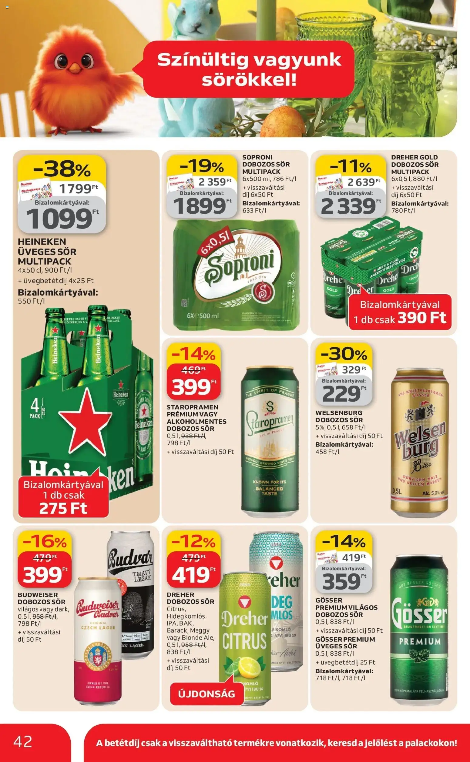 Auchan akciós ujság - amely érvényes a következő dátumtól: 12.03.2026 | Oldal: 42 | Termékek: Heineken, Budweiser, Gösser, Sör