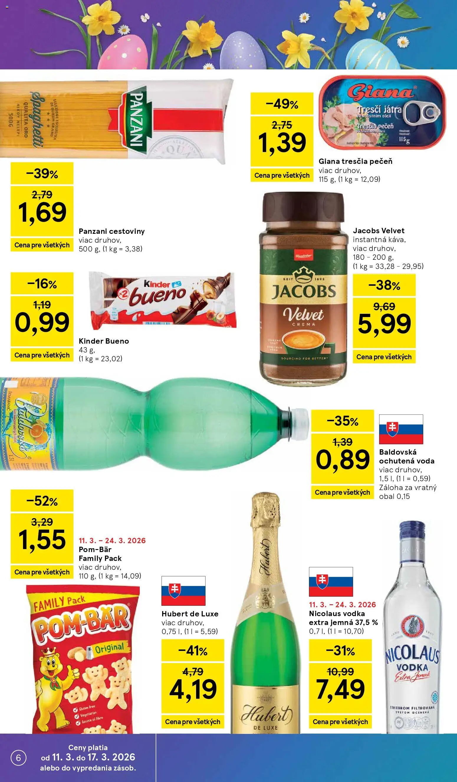 Nové Tesco akcie – leták je platný od 11.03.2026 | Strana: 6 | Produkty: Jacobs Velvet, Kinder Bueno, Vodka, Baldovská