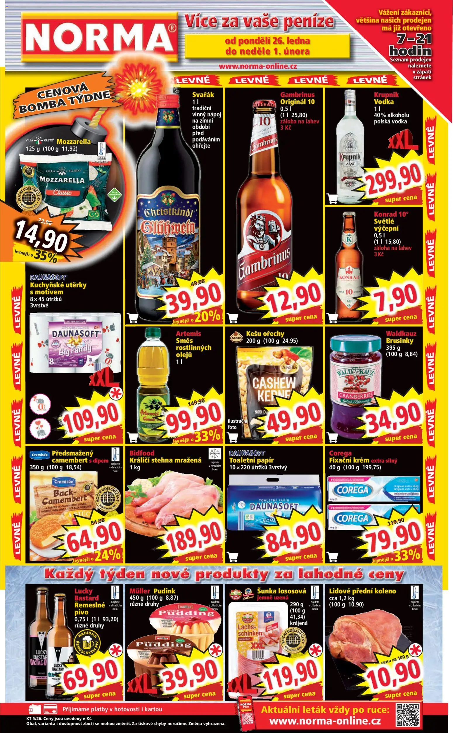 Norma leták od 26.01.2026 | Strana: 1 | Produkty: Kešu, Kuchyňské utěrky, Ořechy, Camembert