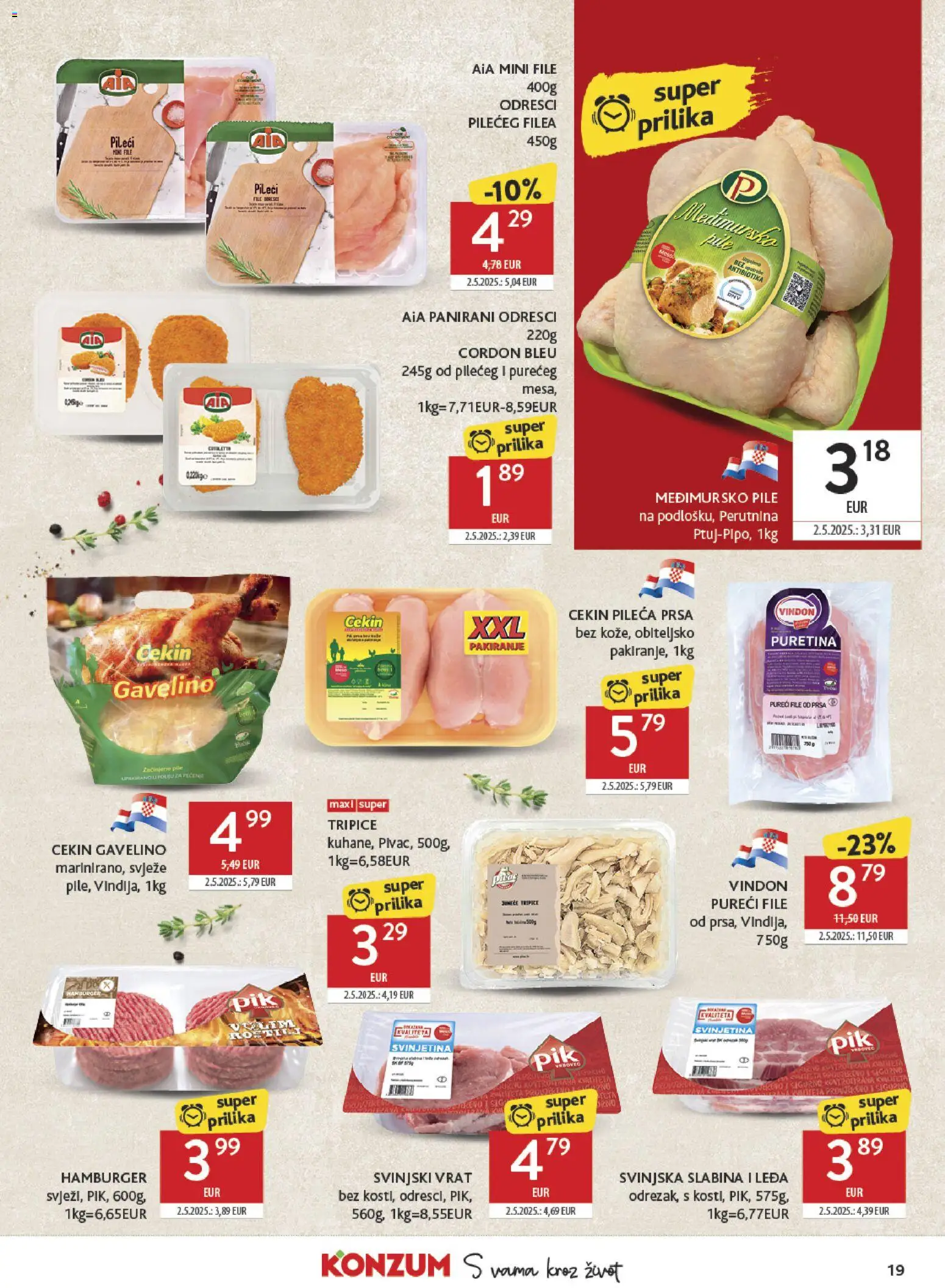 Konzum katalog | vrijedi od 28.01.2026 | Stranica: 19 | Proizvodi: Puretina, Svinjski vrat, Hamburger, Pileća prsa
