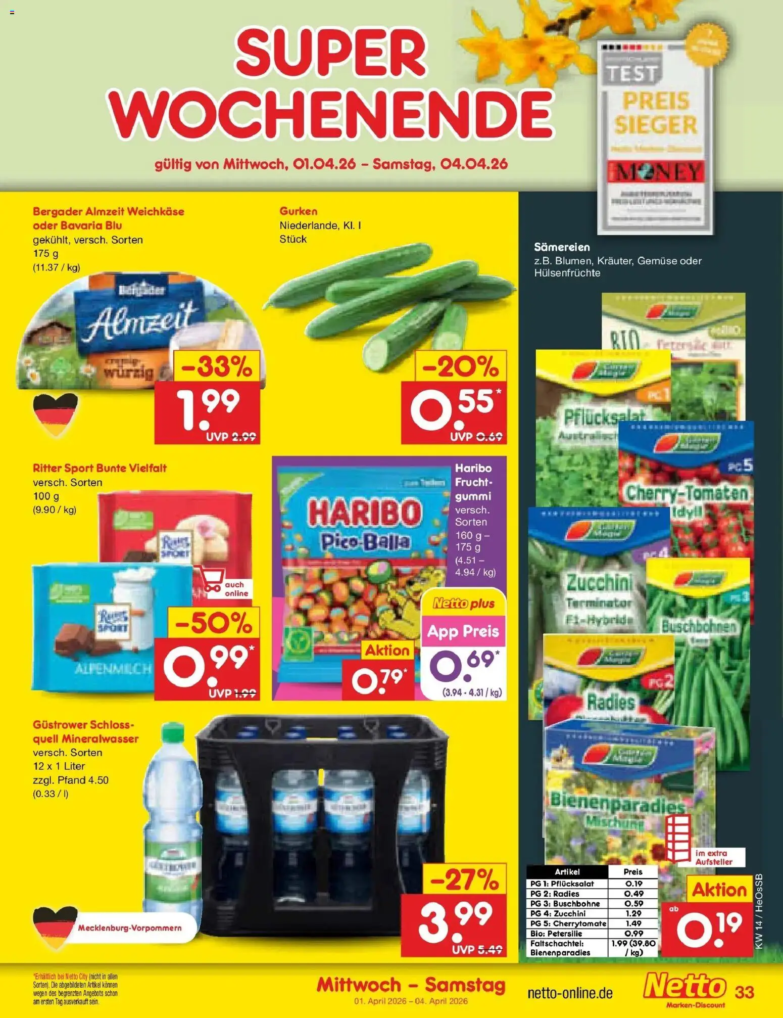 Netto Marken-Discount Prospekt Kröpelin	 – gültig ab 30.03.2026 | Seite: 37 | Produkte: Ritter sport, Mineralwasser, Gemüse, Zucchini