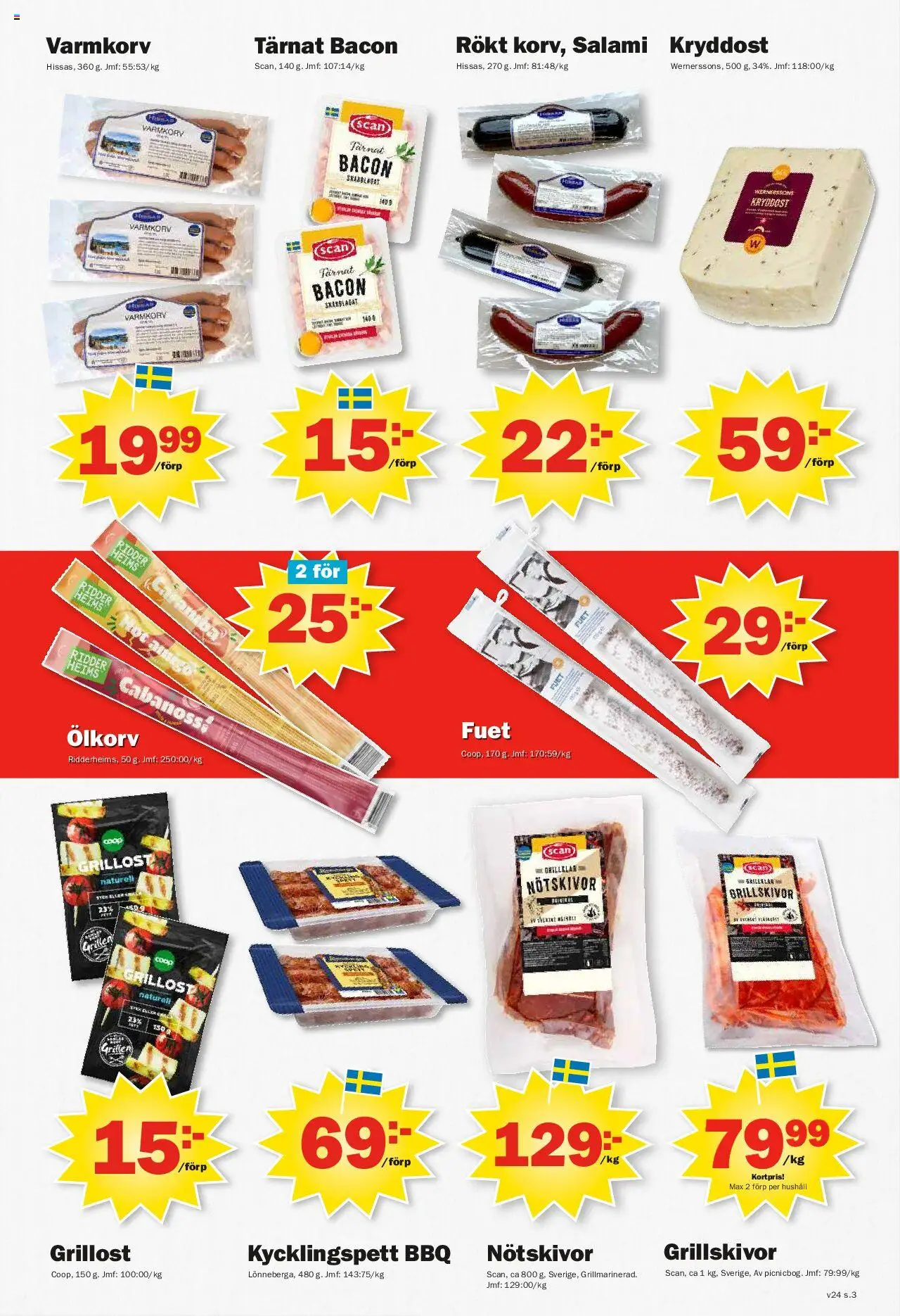 Pekås reklamblad aktuell från 09.06.2025 | Sida: 3 | Produkter: Varmkorv, Bacon, Grillost, Salami
