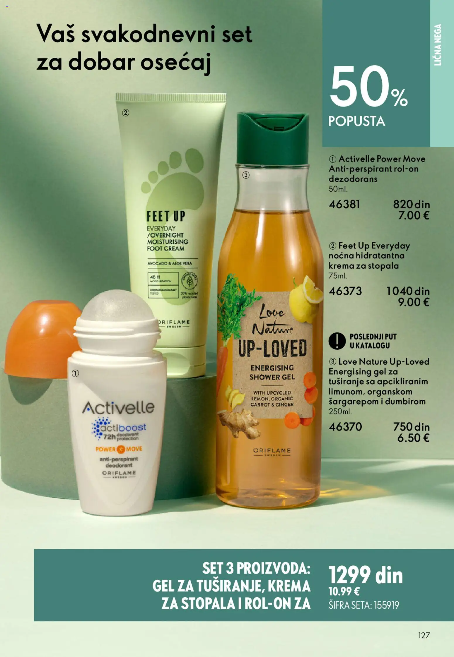 Oriflame katalog - važi od 22.04.2026 | Strana: 127 | Proizvode: Krema, Gel za tuširanje, Dezodorans, Antiperspirant