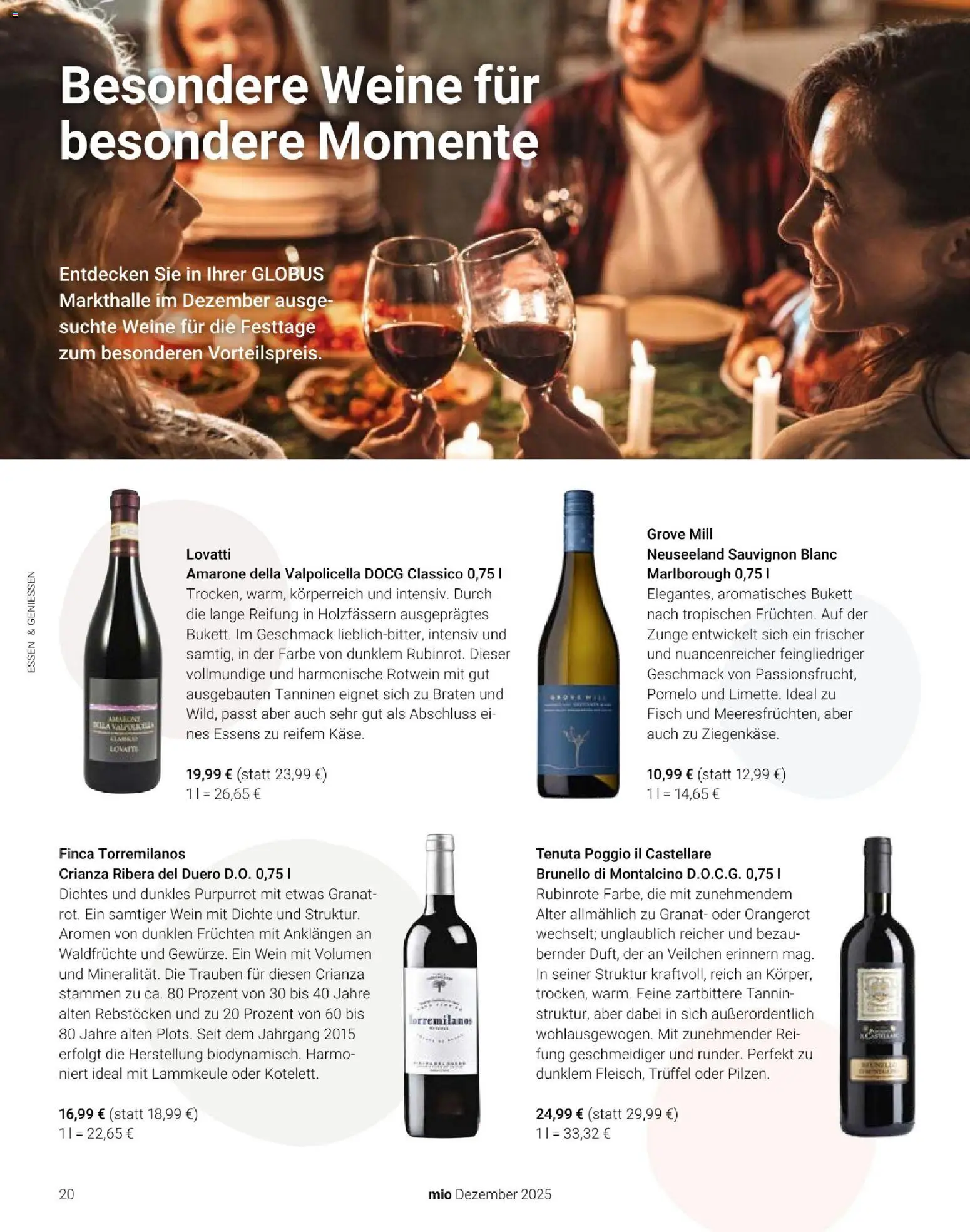 Globus Mio Magazin – gültig ab 01.12.2025 | Seite: 20 | Produkte: Lammkeule, Rotwein, Fisch, Wein