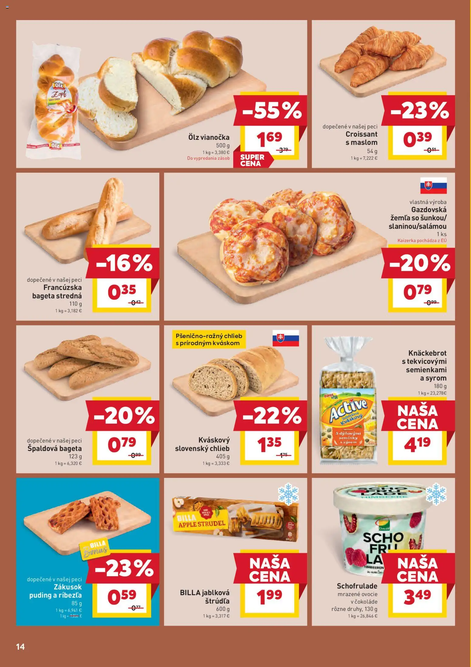 Nové Billa akcie – leták je platný od 14.01.2026 | Strana: 14 | Produkty: Croissant, Vianočka, Puding, Ovocie