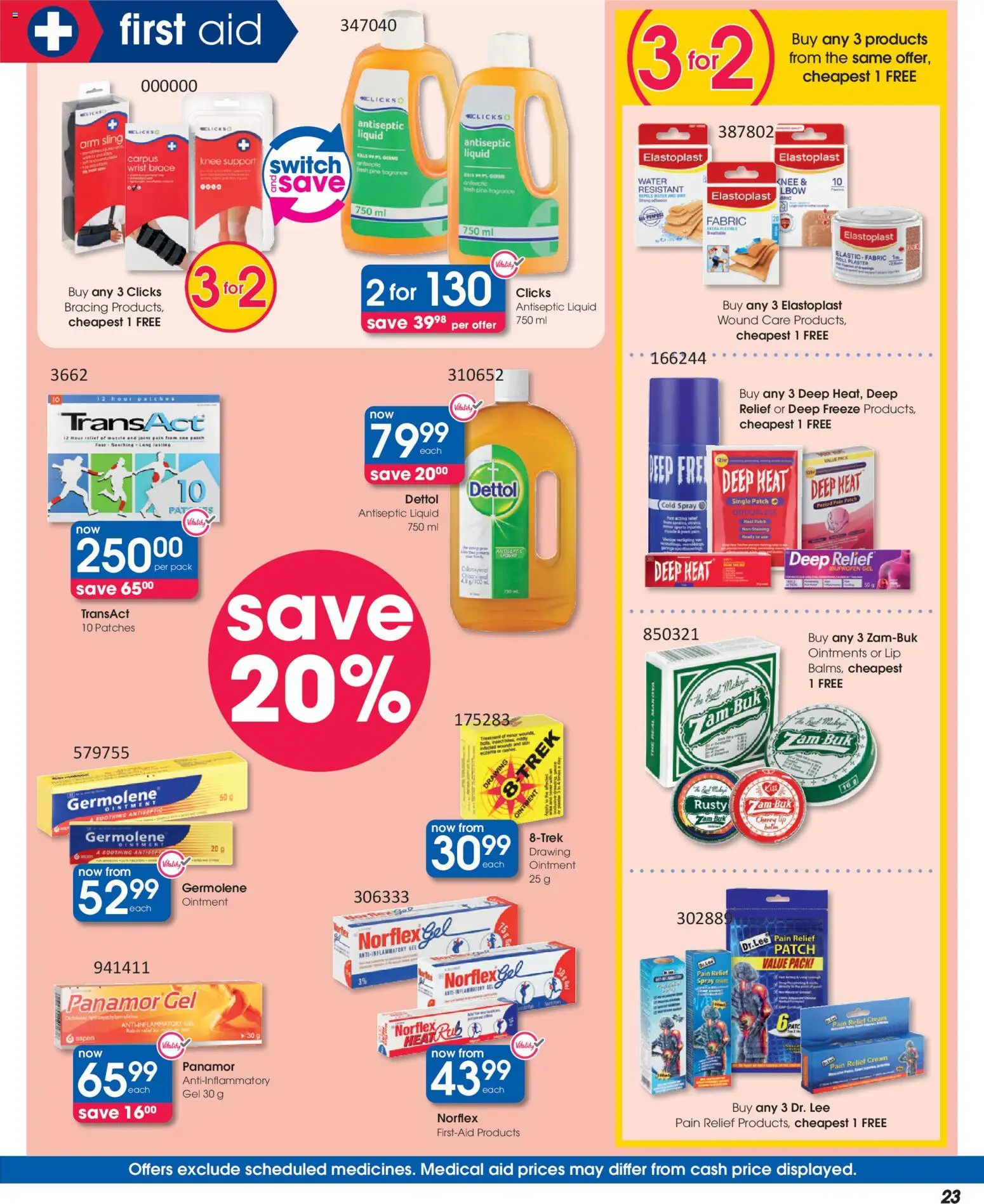 New Clicks catalogue – valid from 23.10.2025 | Page: 23 | Products: Antiseptic liquid, Switch, Plaster, Water