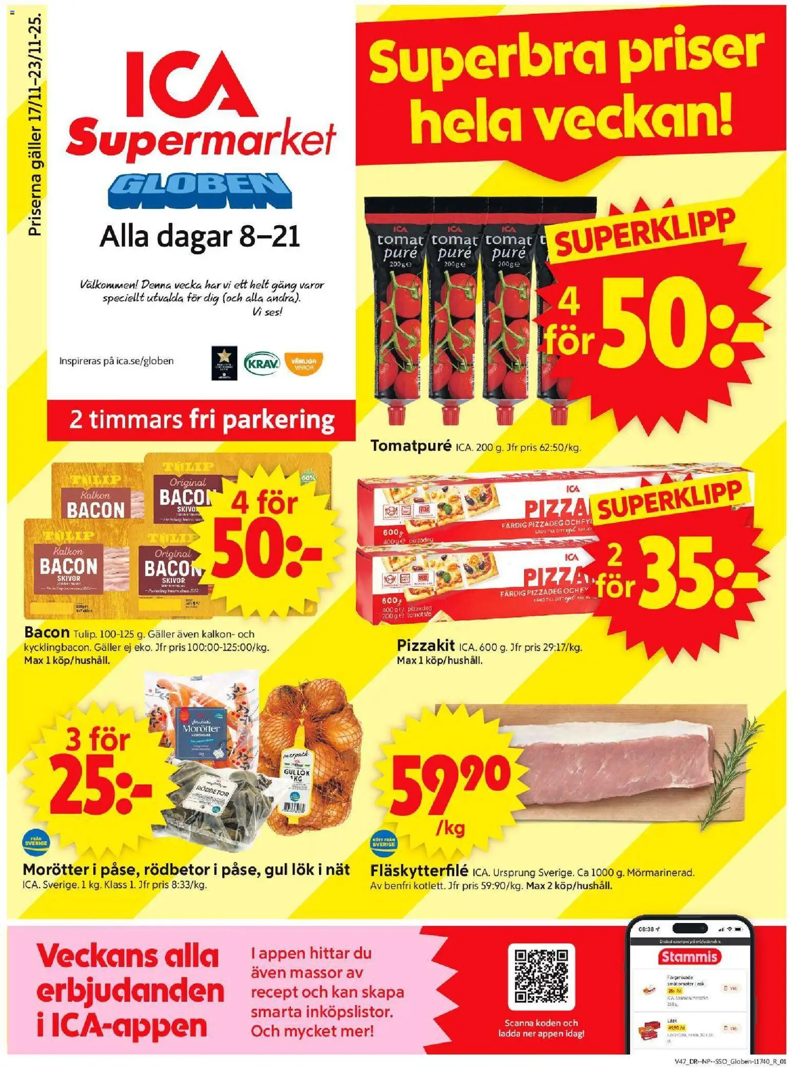 ICA Supermarket reklamblad aktuell från 17.11.2025 | Sida: 1 | Produkter: Fläskytterfilé, Gul lök, Kalkon, Pizzakit