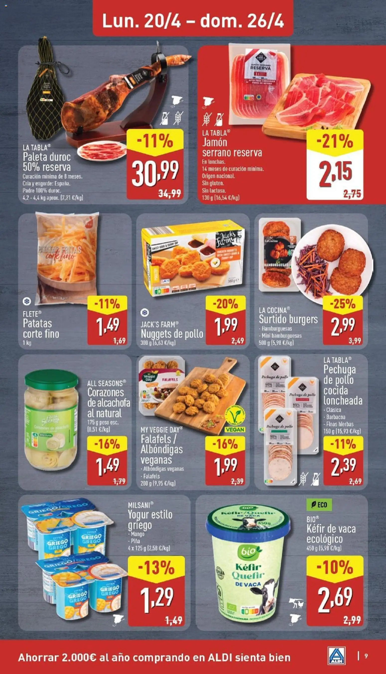 Aldi folleto Canarias │ válido desde el 20.04.2026 | Página: 9 | Productos: Jamón serrano, Yogur, Barbacoa, Nuggets