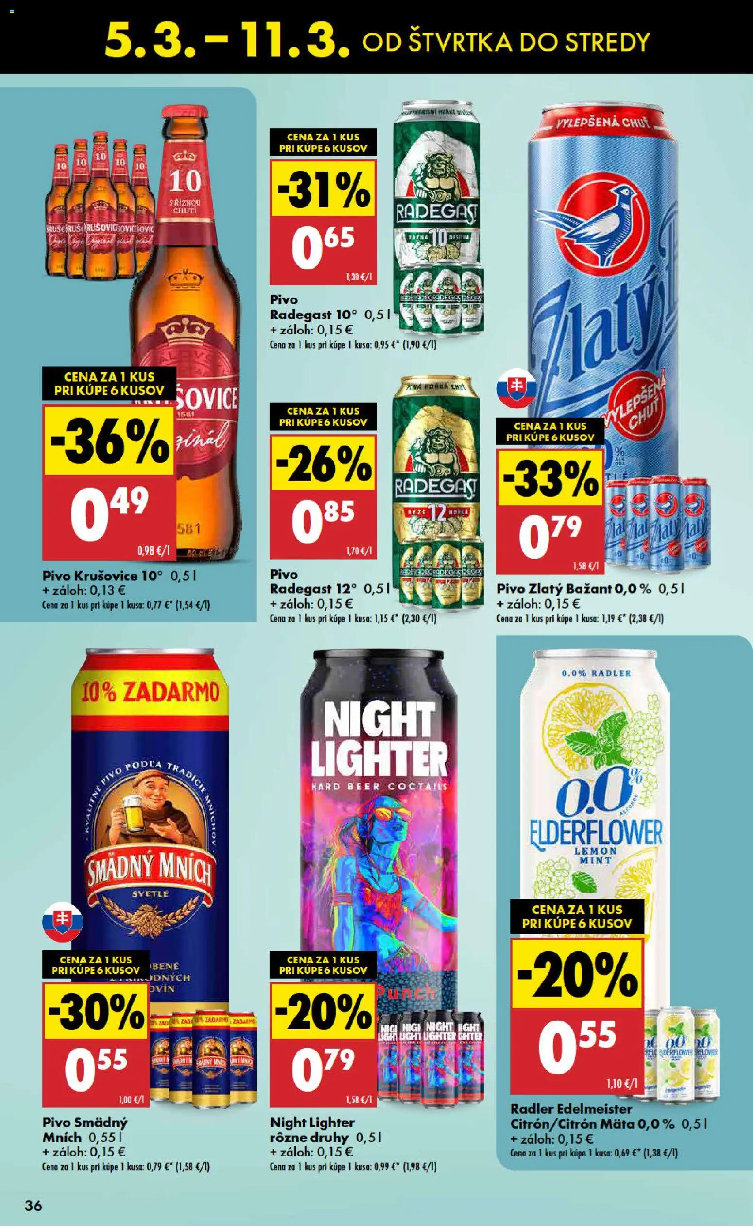 Nové Biedronka akcie – leták je platný od 05.03.2026 | Strana: 36 | Produkty: Pivo, Radler, Krušovice, Smädný Mních