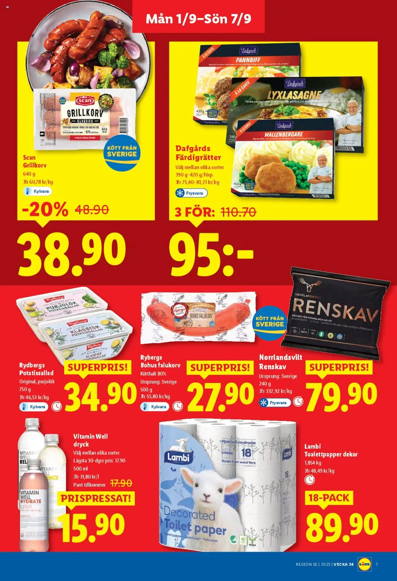 Lidl reklamblad aktuell från 01.09.2025 | Sida: 7 | Produkter: Toalettpapper, Nötfärs, Falukorv, Grillkorv