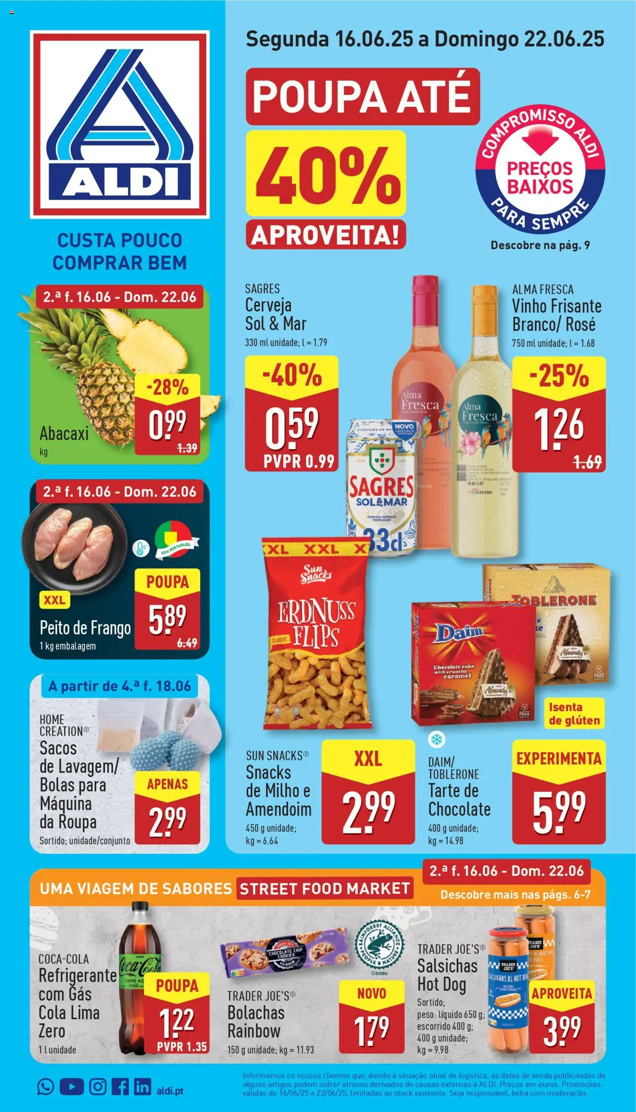 Aldi folheto │ válido de 16.06.2025 | Página: 1 | Produtos: Peito de frango, Cerveja, Abacaxi, Milho