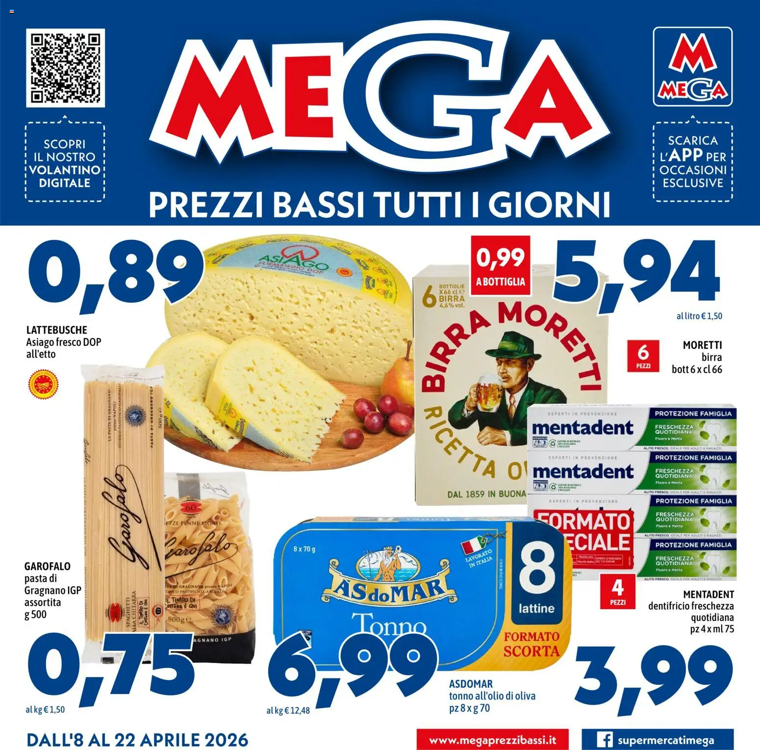 Volantino Mega del 08.04.2026 | Pagina: 1 | Prodotti: Dentifricio, Birra, Tonno, Menta