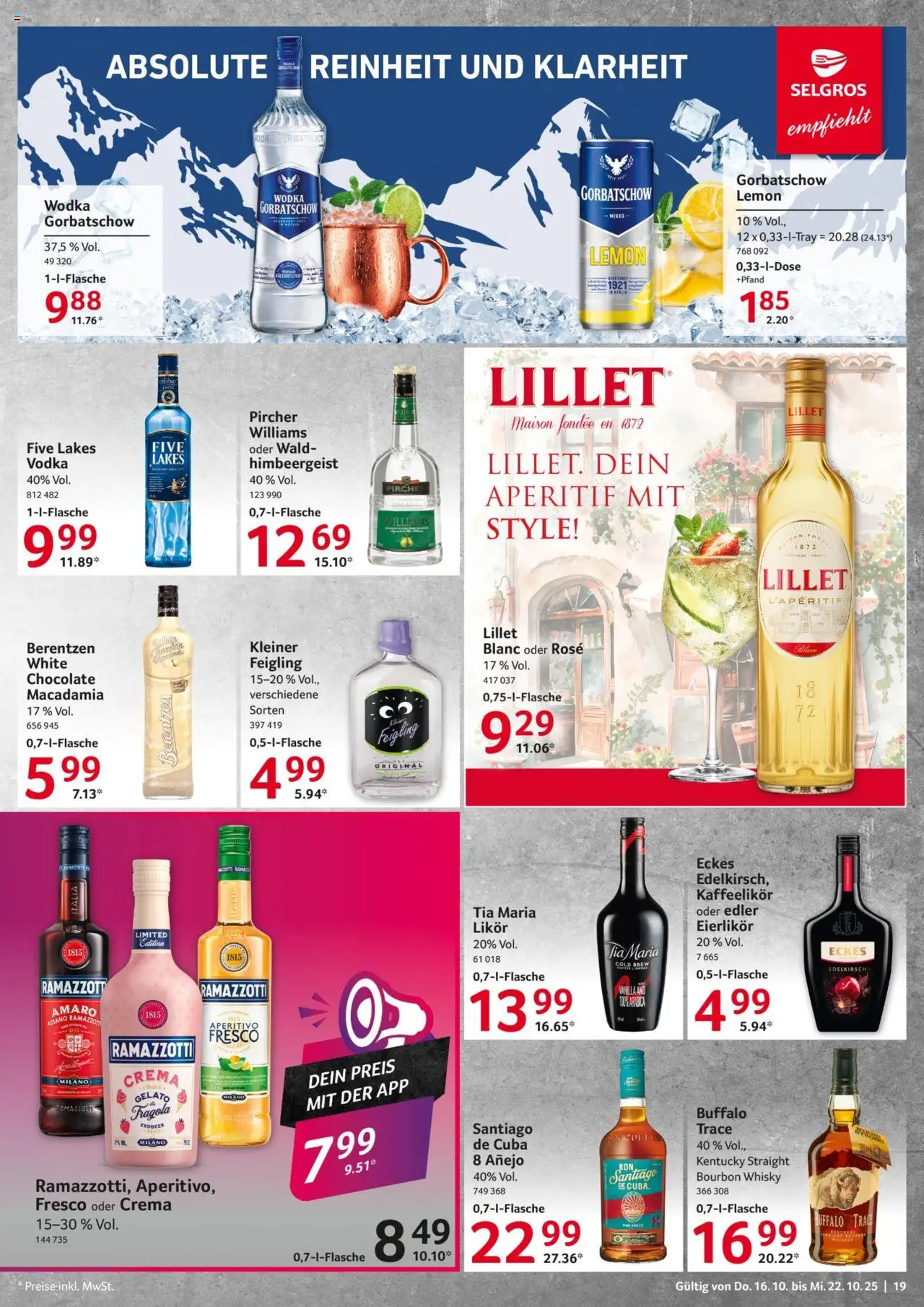 Selgros Prospekt 	 – gültig ab 16.10.2025 | Seite: 19 | Produkte: Whisky, Lillet, Vodka, Bourbon