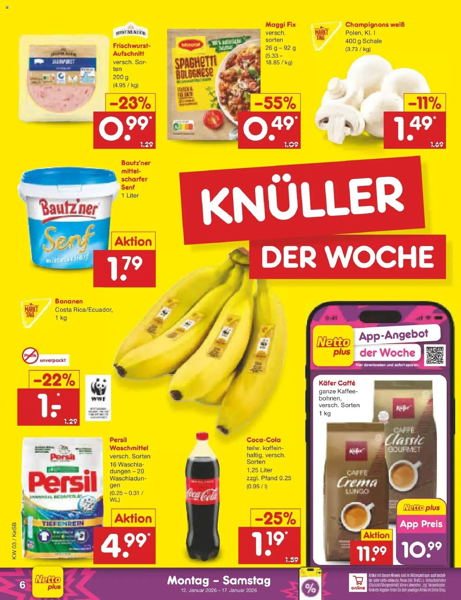 Netto Marken-Discount prospekt Kruft	 – gültig ab 12.01.2026 | Seite: 6 | Produkte: Maggi, Bananen, Champignons, Waschmittel