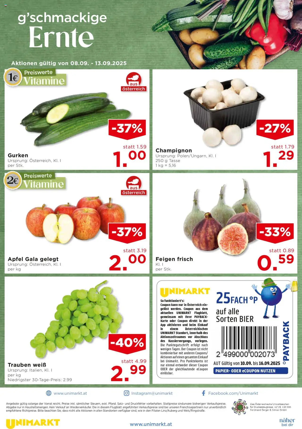Unimarkt Niederösterreich gültig ab 10.09.2025 | Seite: 12 | Produkte: Gurken, Bier, Äpfel