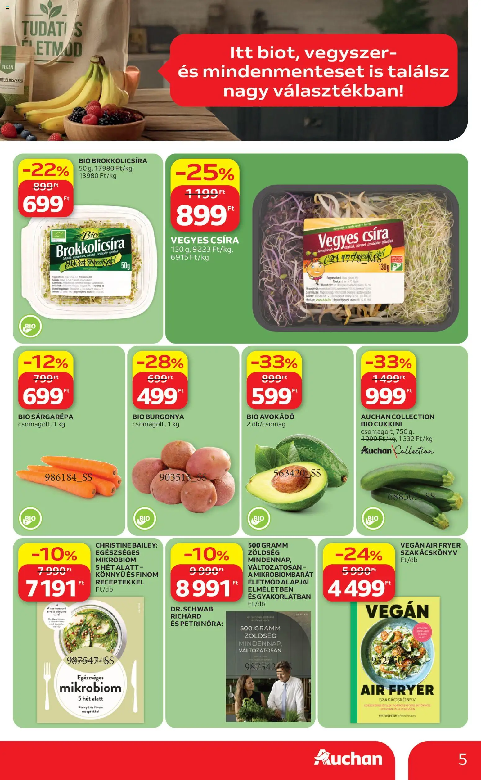 Auchan akciós ujság - amely érvényes a következő dátumtól: 23.04.2026 | Oldal: 5 | Termékek: Burgonya, Sárgarépa, Zöldség, Vegán