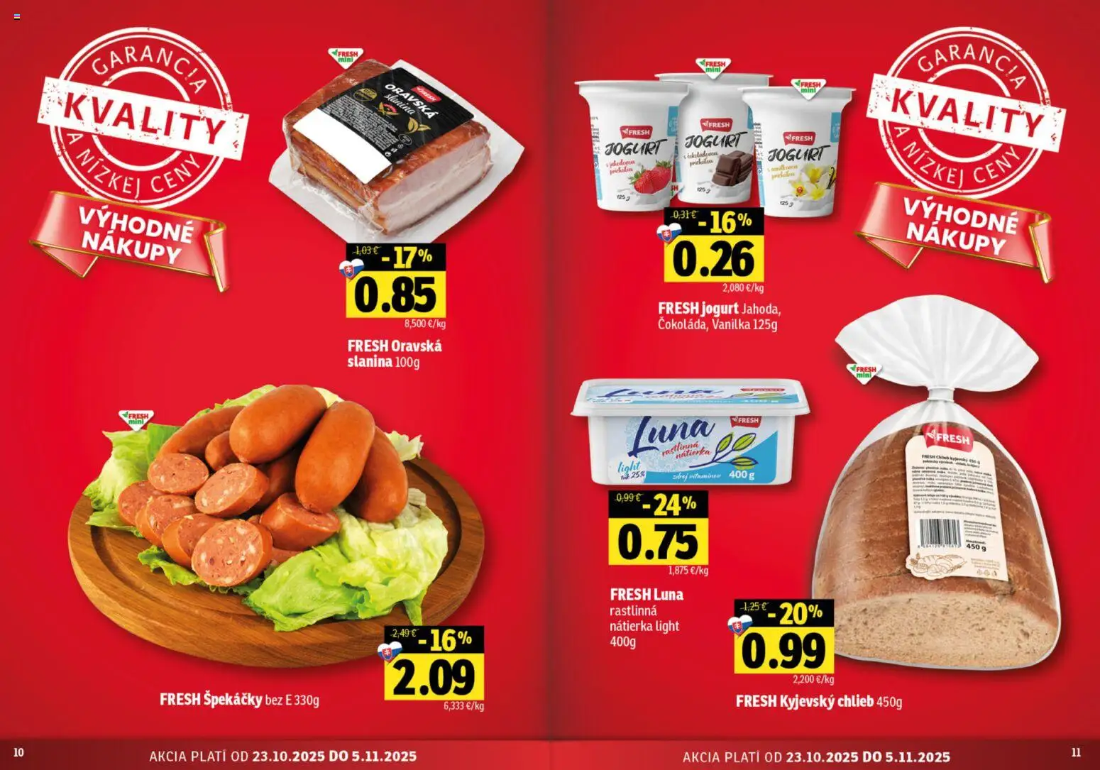 Nové Fresh akcie – leták je platný od 23.10.2025 | Strana: 6 | Produkty: Jogurt, Chlieb, Slanina