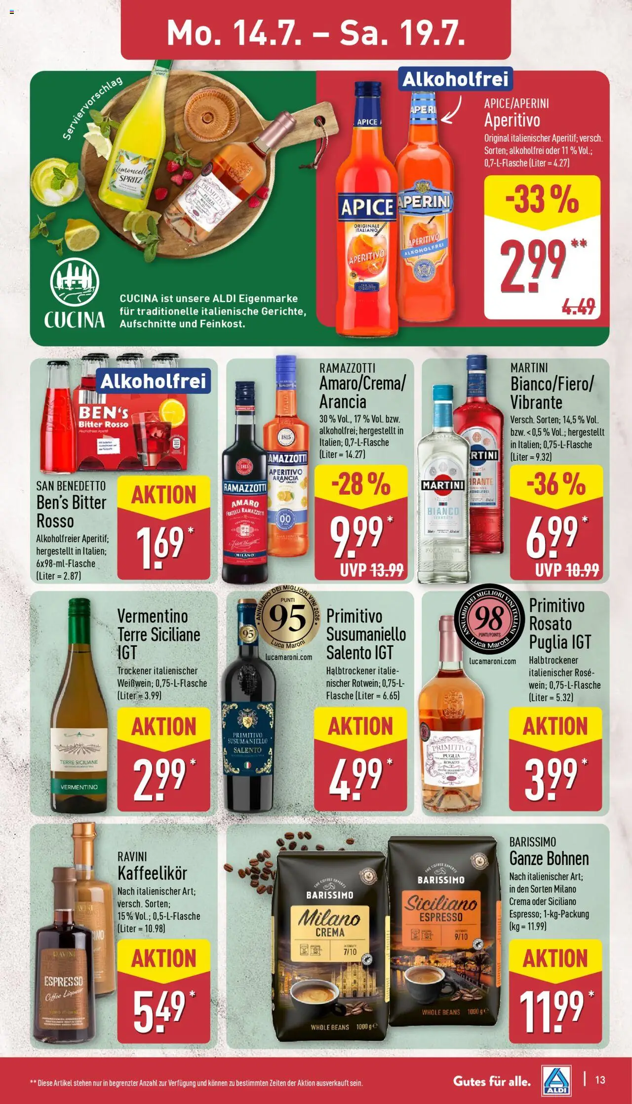 Aldi Prospekt 	 - gültig ab dem 14.07.2025 | Seite: 13 | Produkte: Martini, Limoncello, Ramazzotti
