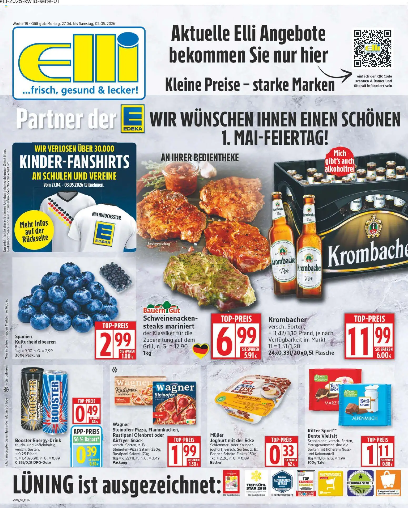 Elli Markt Prospekt – gültig ab 27.04.2026 | Seite: 1 | Produkte: Ritter sport, Pils, Krombacher, Salami
