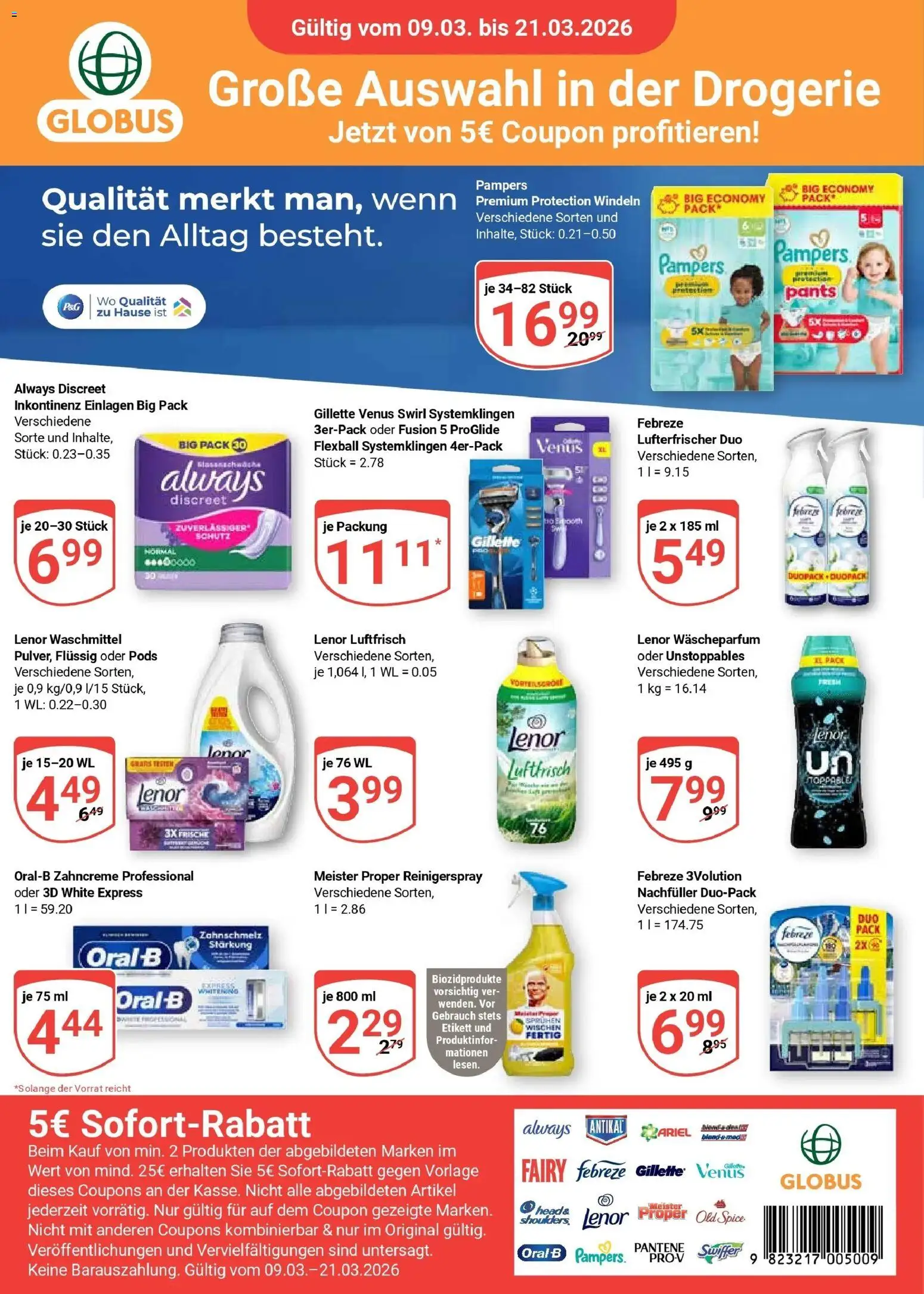 Globus prospekt Saarlouis	 – gültig ab 09.03.2026 | Seite: 27 | Produkte: Lenor, Pampers, Waschmittel, Swiffer