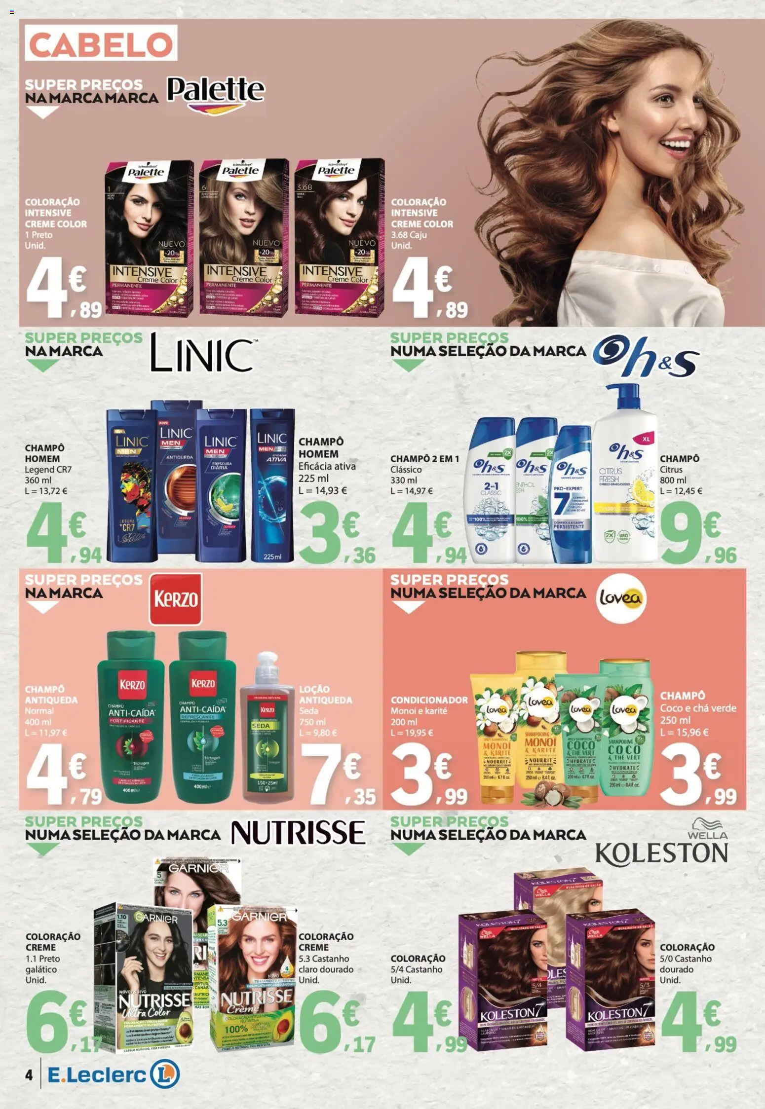 E.Leclerc folheto Especial Beleza │ válido de 07.04.2026 | Página: 4 | Produtos: Condicionador, Chá, Creme