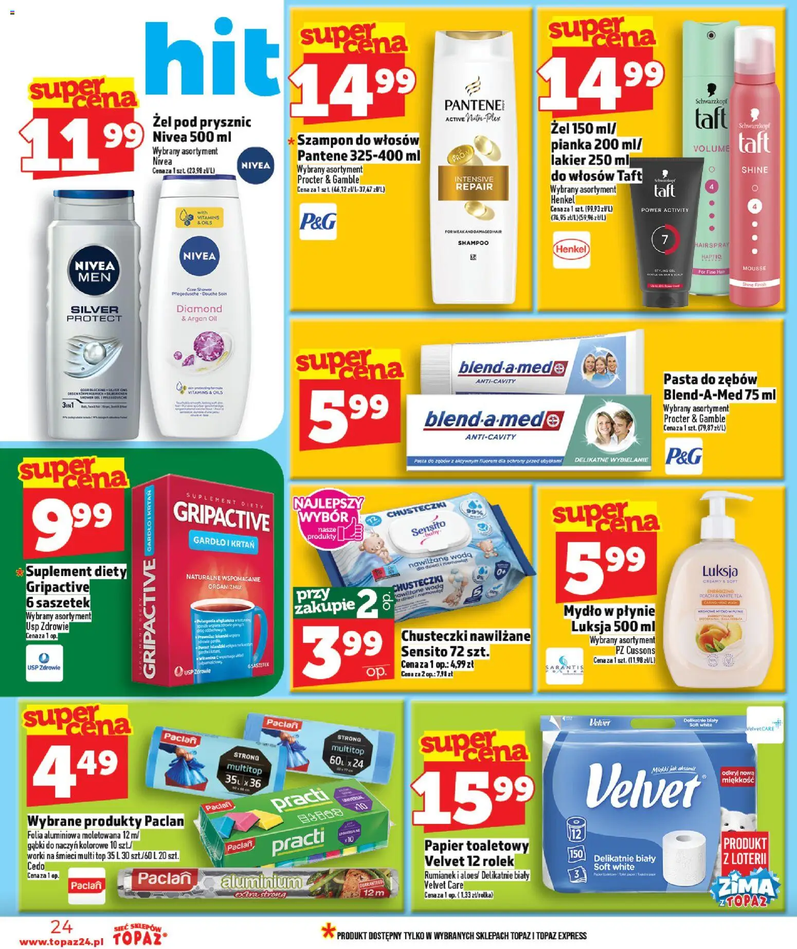 Topaz Gazetka MAZ od 15.01.2026 | Strona: 24 | Produkty: Papier toaletowy, Prysznic, Mydło, Pasta do zębów