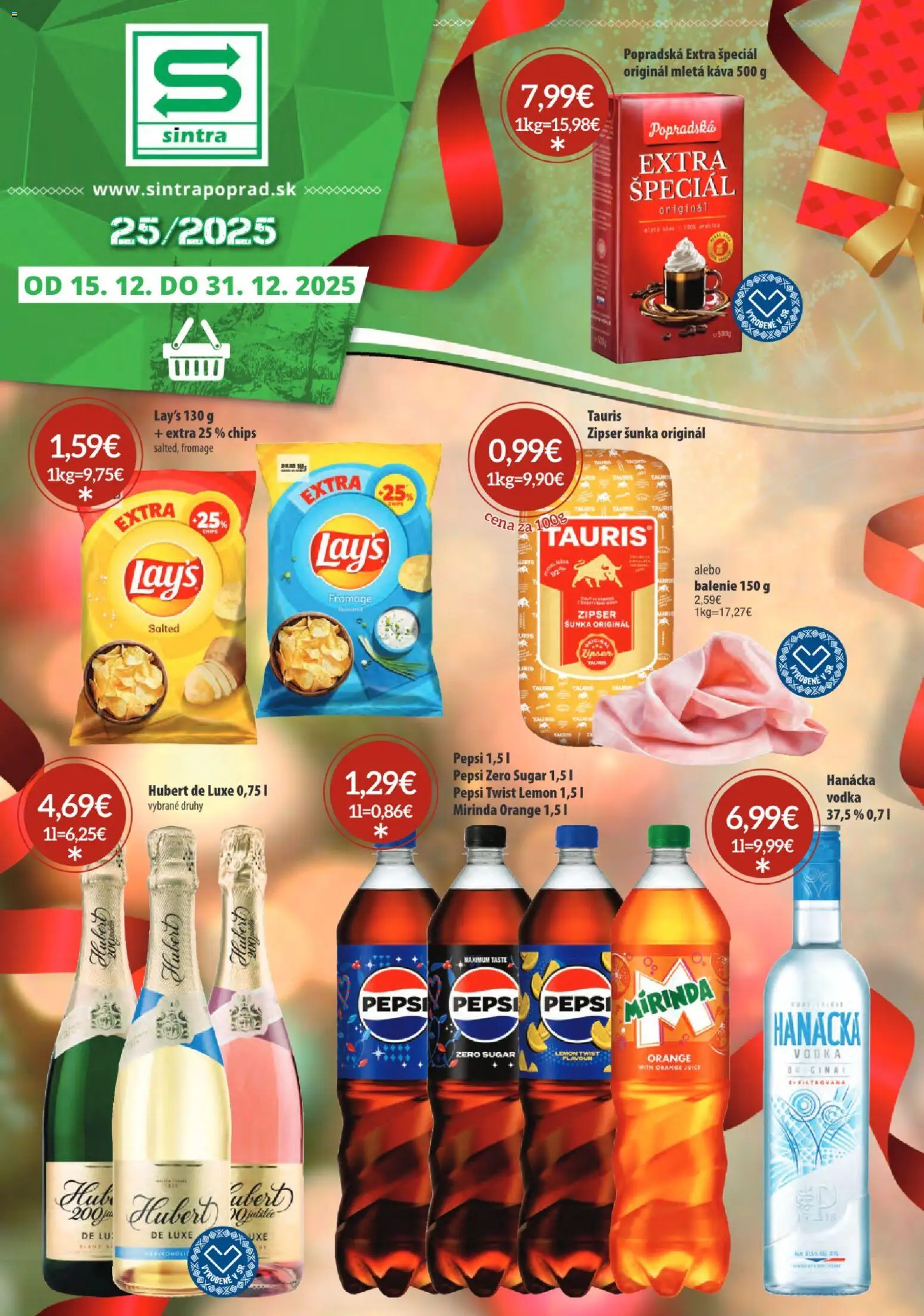 Nové Sintra akcie – leták je platný od 15.12.2025 | Strana: 1 | Produkty: Káva, Vodka, Pepsi, Hubert de Luxe