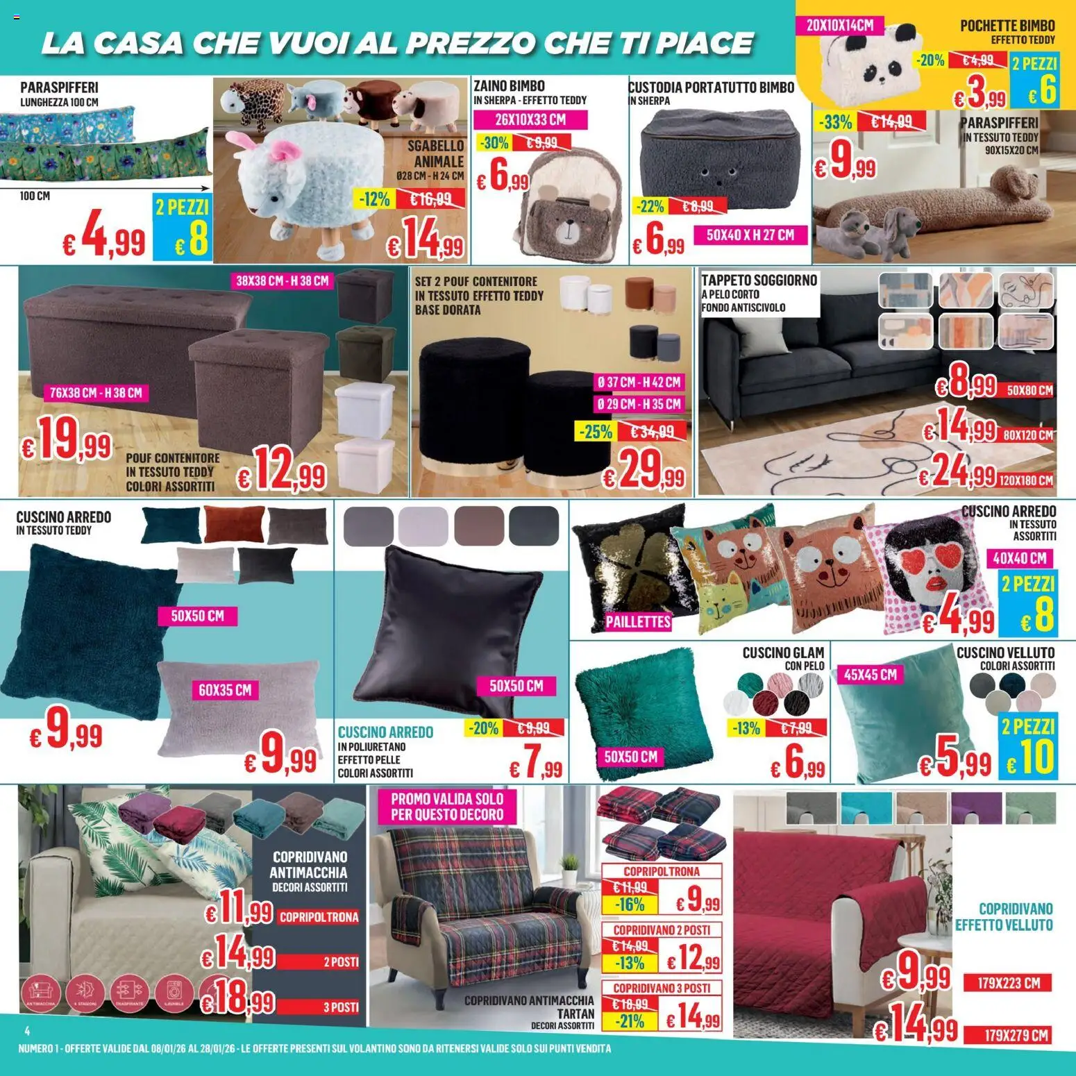 Volantino Satur del 08.01.2026 | Pagina: 4 | Prodotti: Copridivano, Sgabello, Cuscino, Tappeto