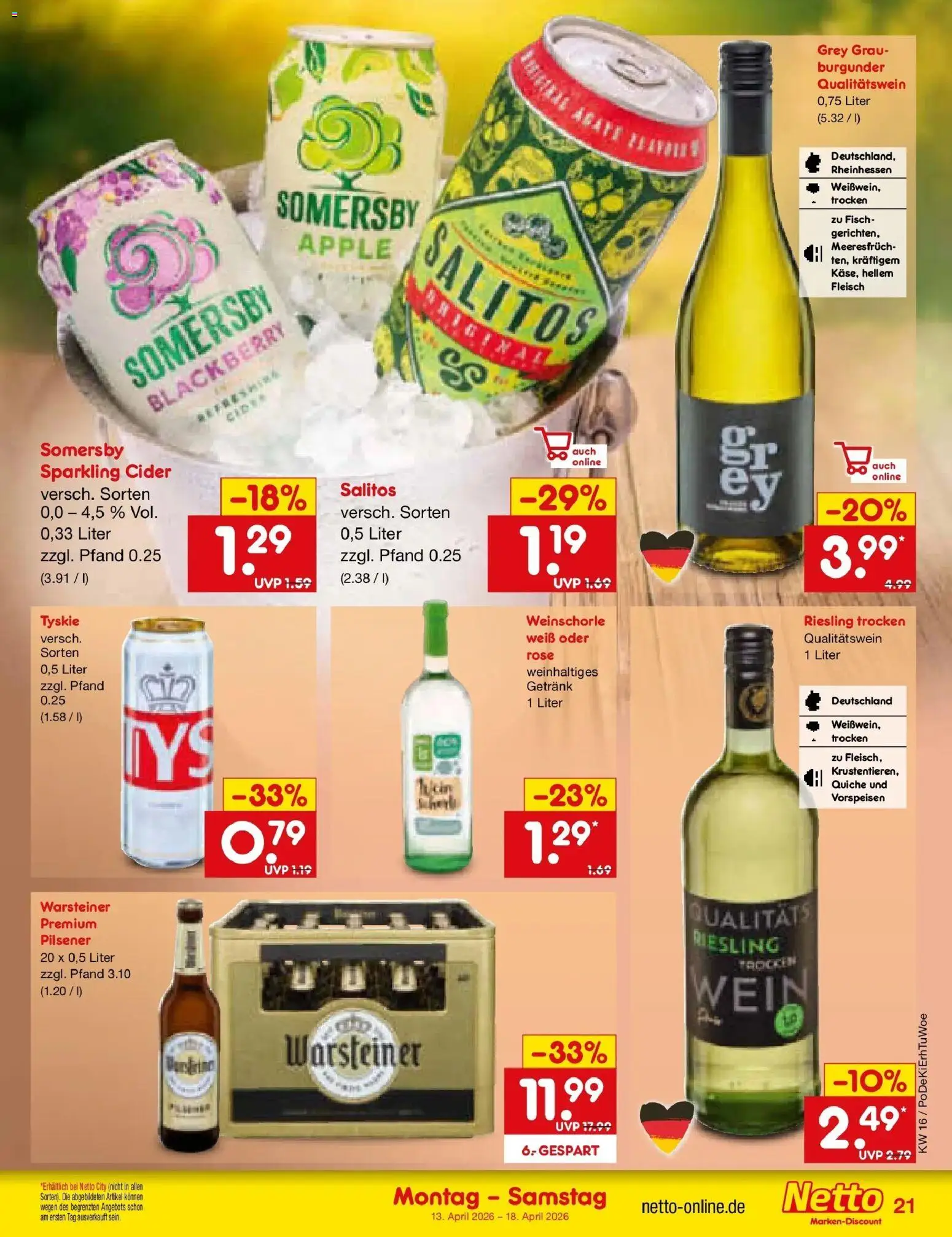 Netto Marken-Discount Prospekt Metten	 – gültig ab 13.04.2026 | Seite: 29 | Produkte: Fisch, Weinschorle, Warsteiner, Fleisch