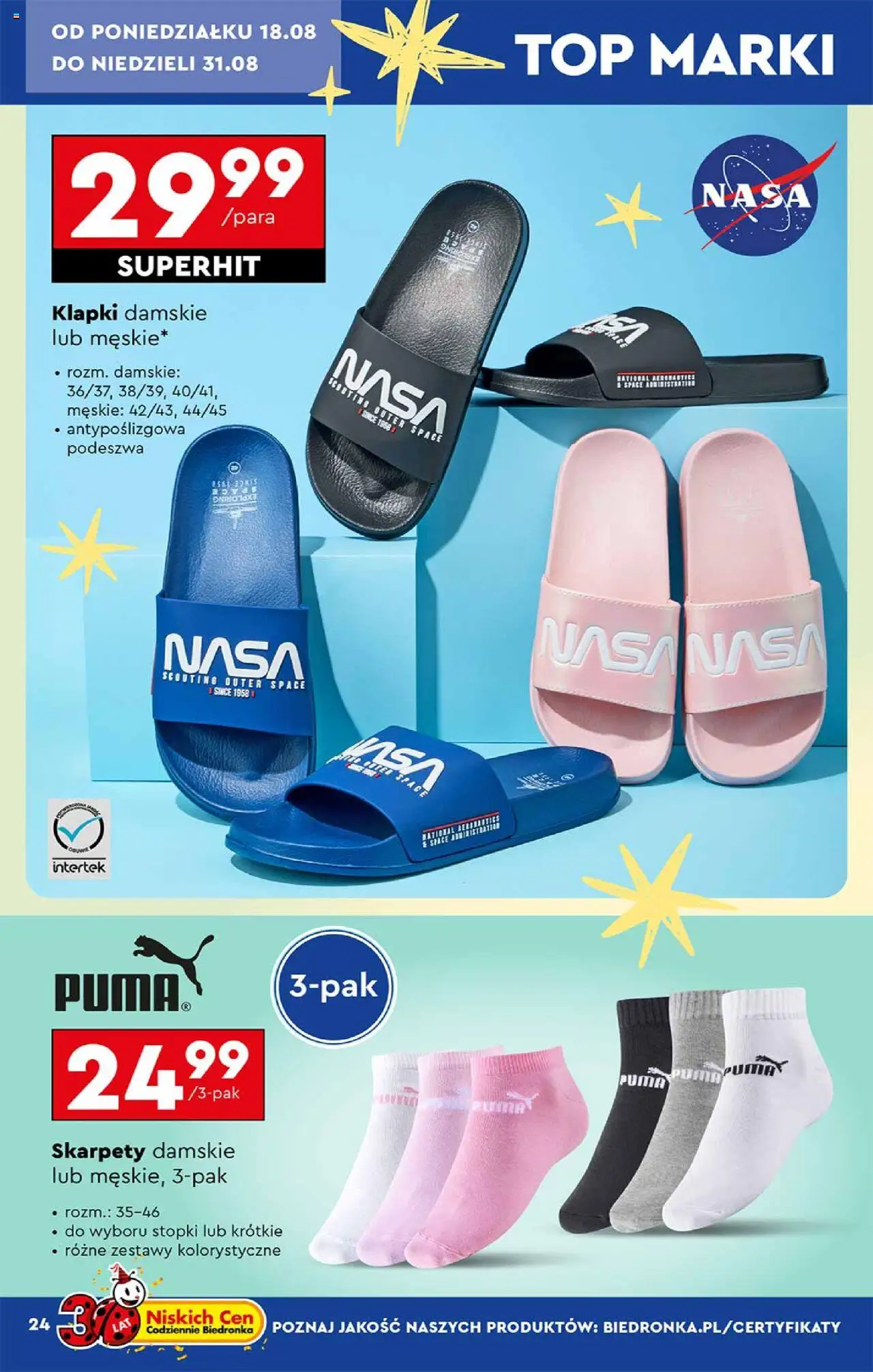 Biedronka gazetka - Hity i inspiracje od 18.08.2025 | Strona: 24 | Produkty: Top, Skarpety, Klapki, Klapki damskie
