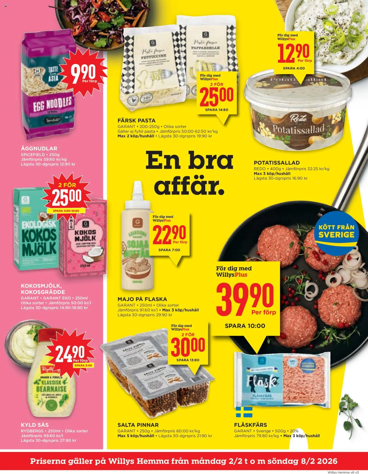 Willys reklamblad aktuell från 02.02.2026 | Sida: 3 | Produkter: Potatissallad, Galler, Mjölk, Pasta