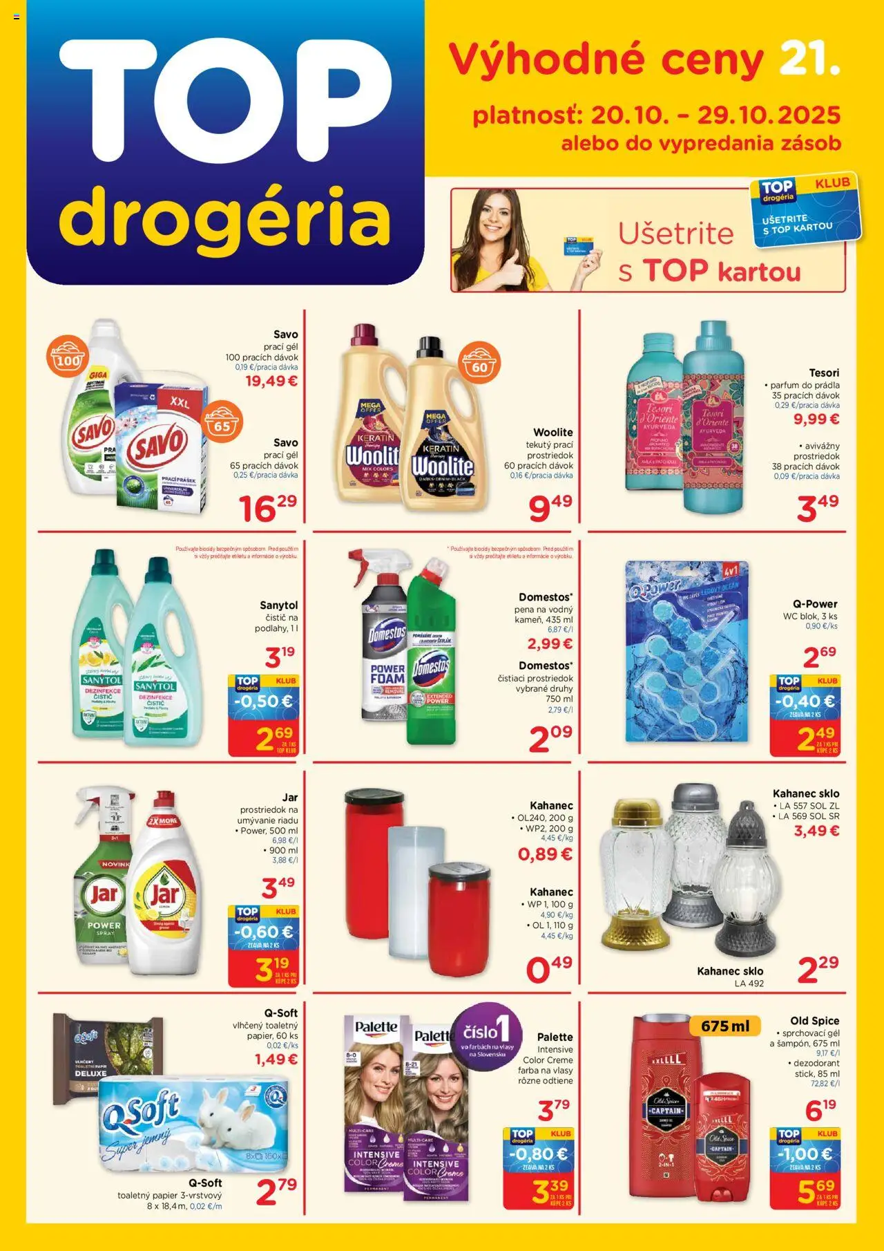 Nové TOP Drogéria akcie – leták je platný od 20.10.2025 | Strana: 1 | Produkty: Old Spice, Sanytol, Toaletný papier, Woolite