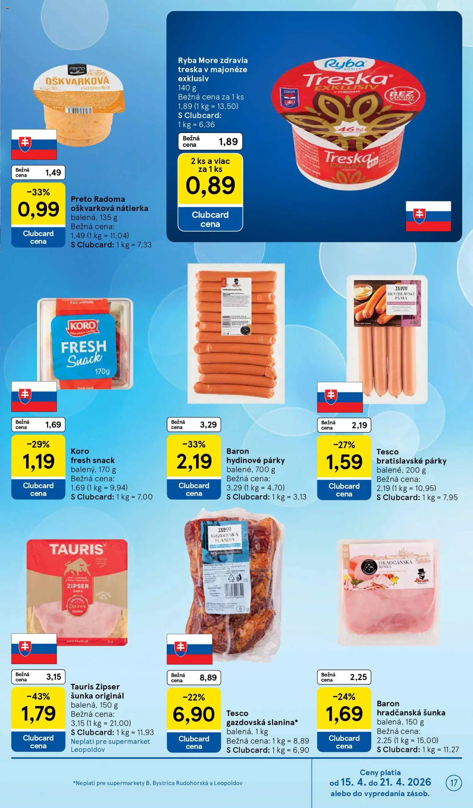 Nové Tesco akcie – leták je platný od 15.04.2026 | Strana: 17 | Produkty: Šunka, Ryba, Párky, Treska