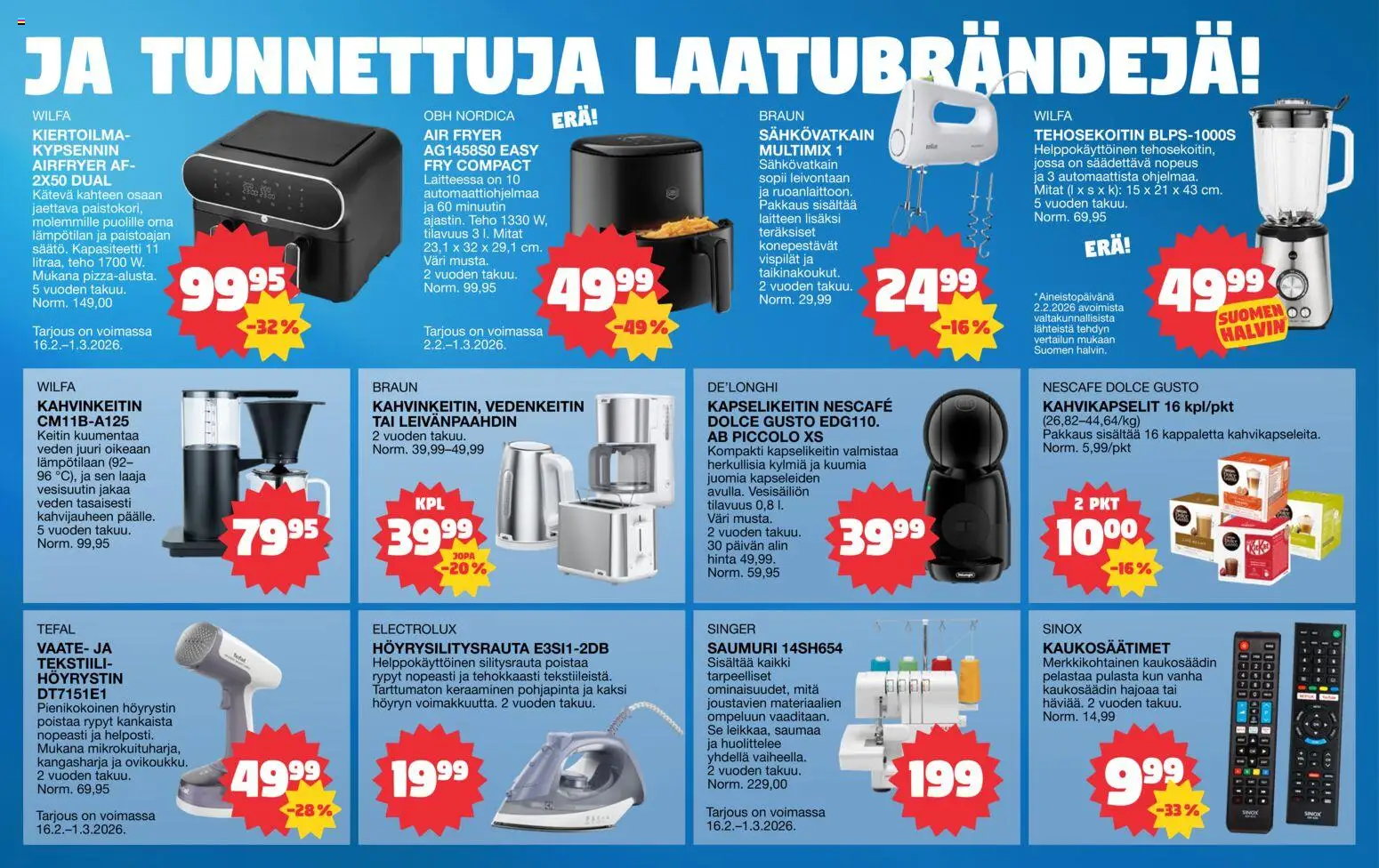 Tokmanni - Erikoisliite - Aina edulliset hinnat – voimassa 16.02.2026 alkaen | Sivu: 3 | Tuotteet: Kahvinkeitin, Vedenkeitin, Leivänpaahdin, Tehosekoitin