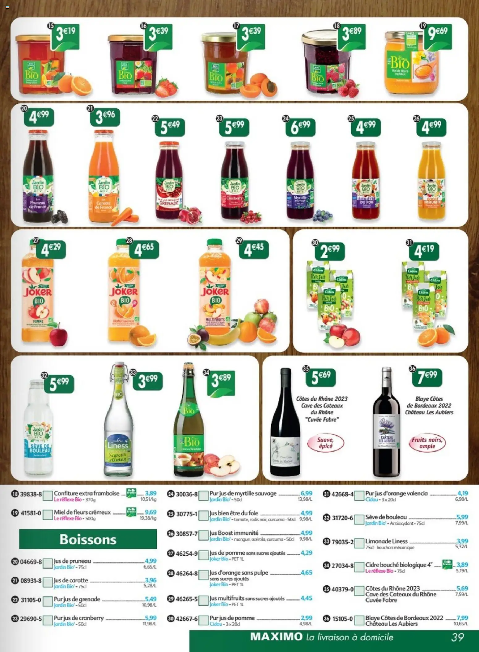 {H1} | Page: 39 | Produits: Framboise, Jus d'orange, Jus de pomme, Carotte