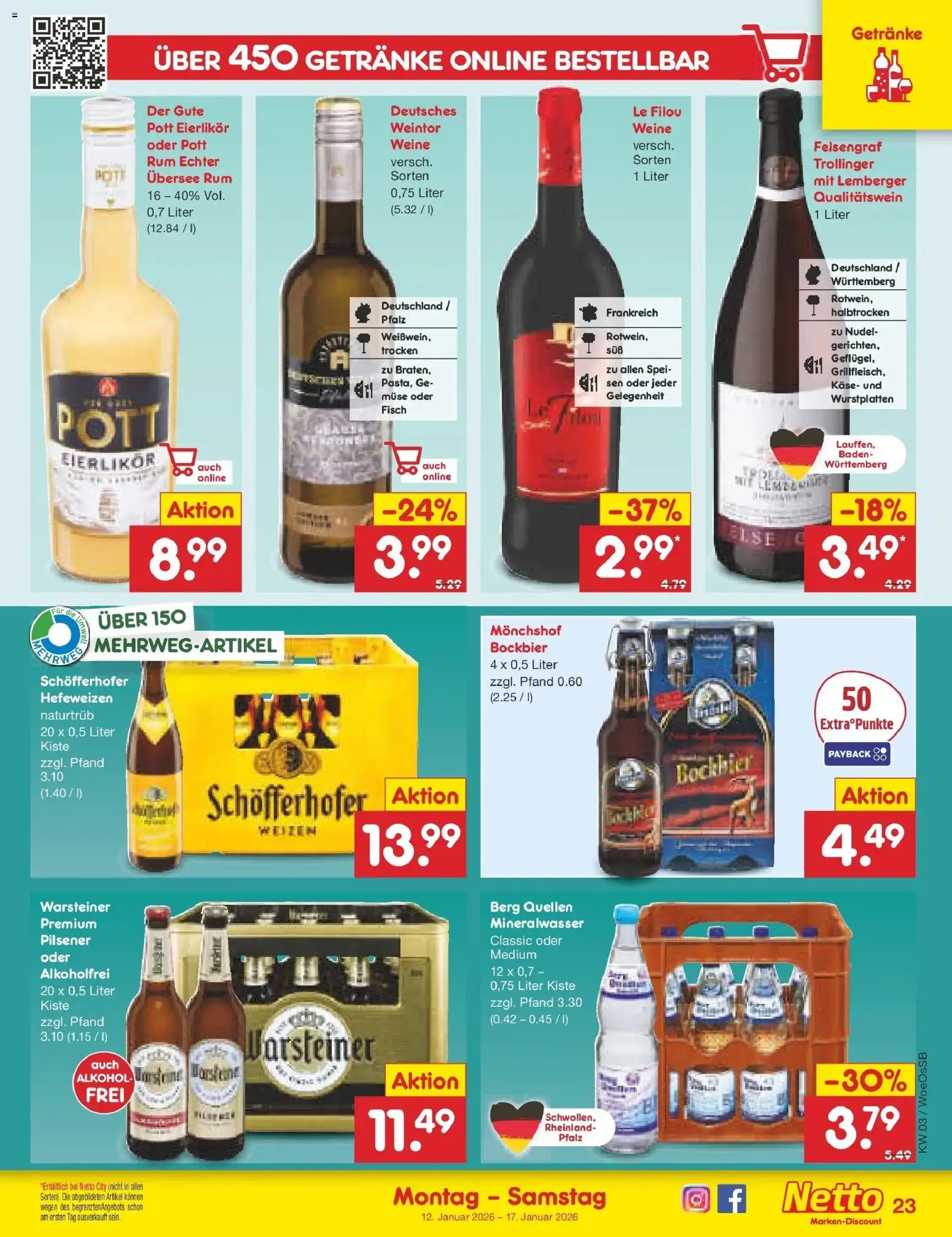 Netto Marken-Discount prospekt Gemmingen	 – gültig ab 12.01.2026 | Seite: 23 | Produkte: Monchshof, Käse, Rum, Mineralwasser