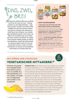 BIO PASTA MIT ZUCCHINI UND SÜSS-KARTOFFELN (220 g), Mit Stückchen zum Kauenlernen und ausgewählten Bio-Zutaten. Ab dem 8. Monat. ab 11.12.2025 gültig | Seite: 37 | Produkte: Orangensaft, Wasser, Kürbis, Zucchini