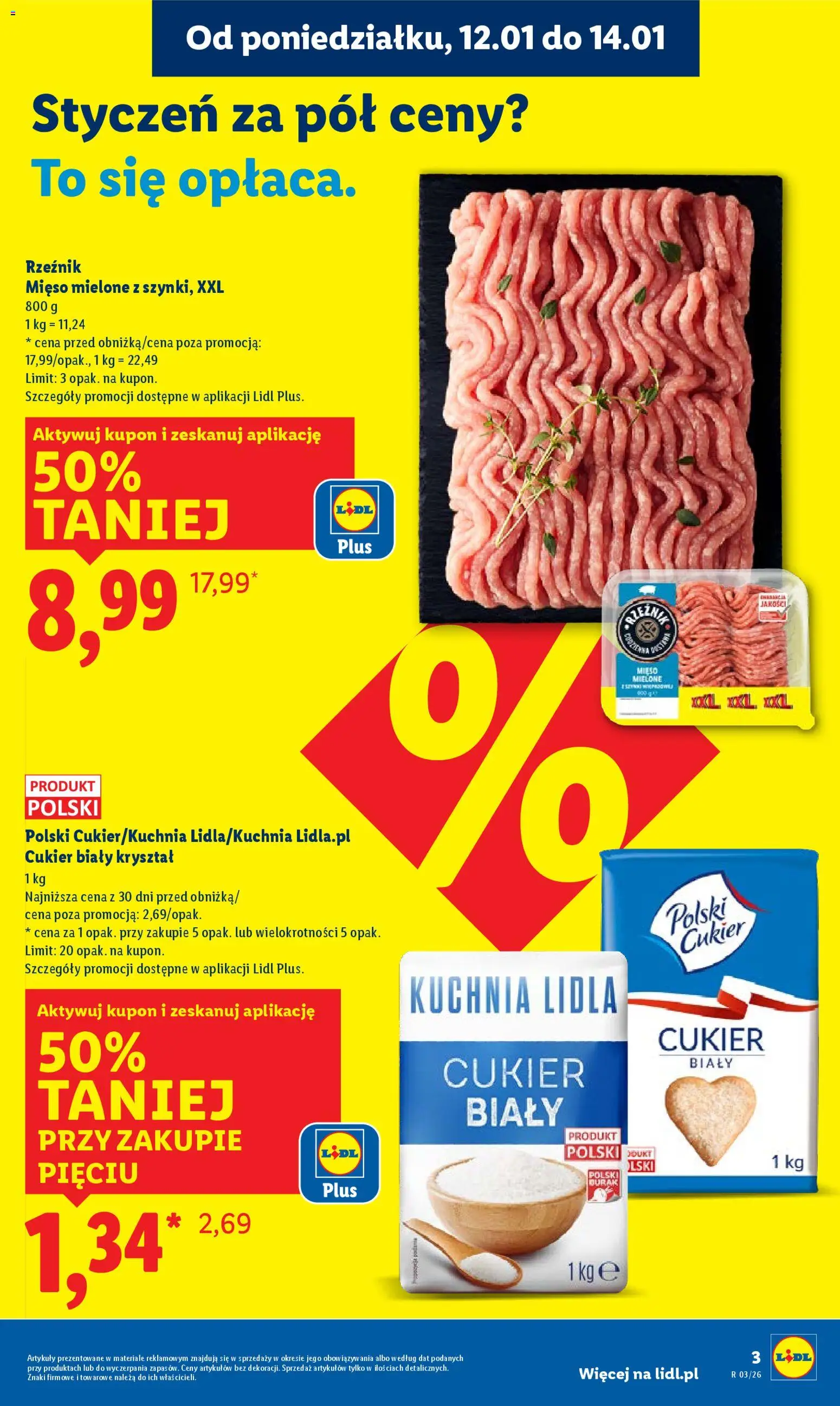 Lidl Gazetka od 12.01.2026 | Strona: 3 | Produkty: Mięso, Mięso mielone, Cukier biały, Cukier