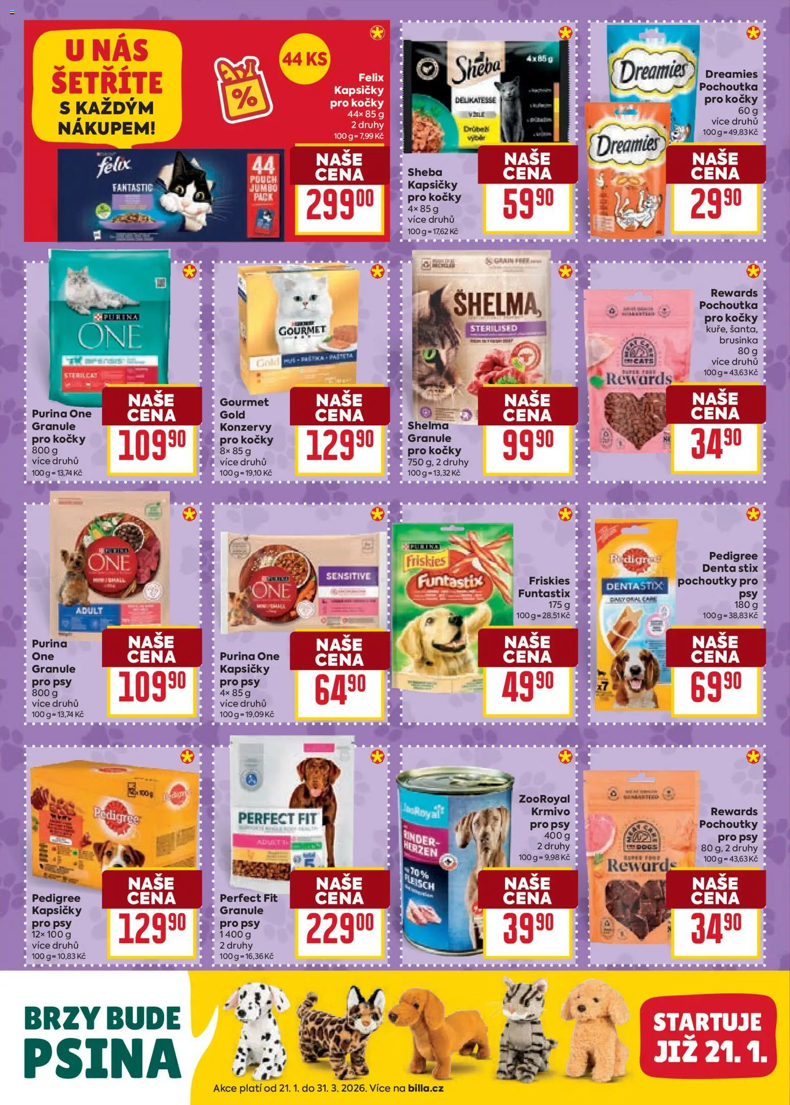 Billa Velký leták od 14.01.2026 | Strana: 34 | Produkty: Granule, Pedigree, Purina one, Sheba