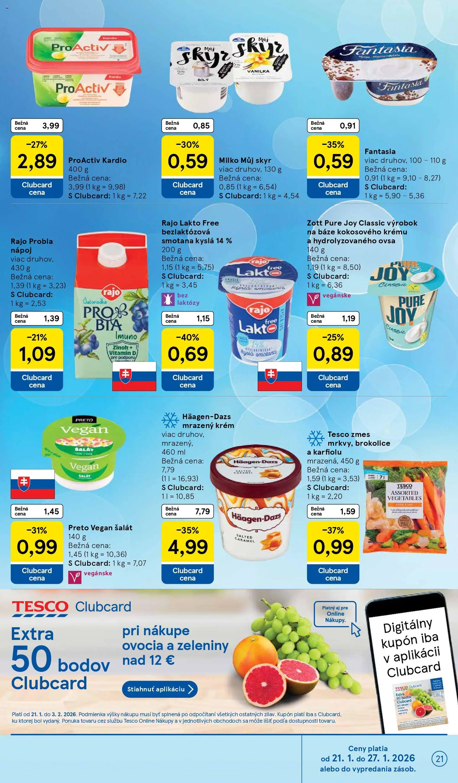 Nové Tesco akcie – leták je platný od 21.01.2026 | Strana: 21 | Produkty: Smotana, Skyr, Krém, Šalát