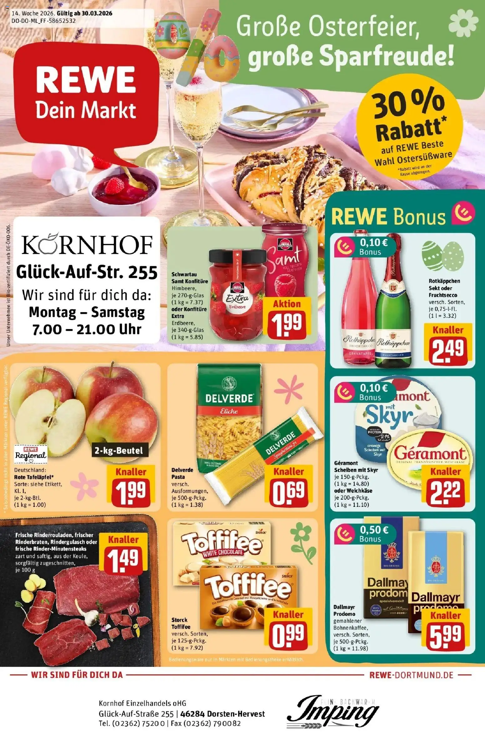 Rewe Prospekt Dorsten	 – gültig ab 30.03.2026 | Seite: 1 | Produkte: Granatapfel, Fruchtsecco, Dallmayr prodomo, Uhr