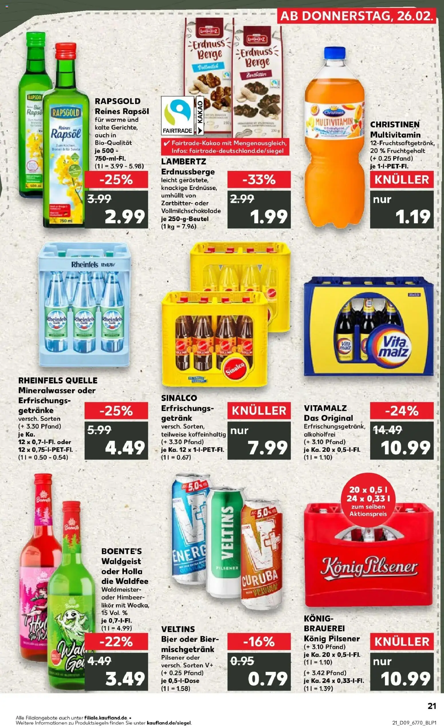 Kaufland prospekt Erkelenz	 – gültig ab 26.02.2026 | Seite: 21 | Produkte: Sinalco, Konig pilsener, Rapsöl, Rheinfels quelle
