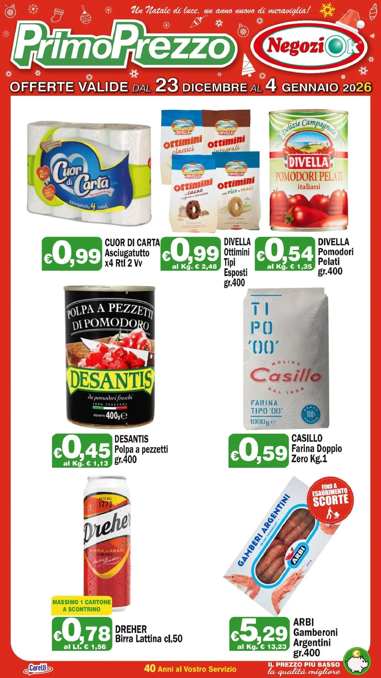 Volantino Primo Prezzo del 23.12.2025 | Pagina: 3 | Prodotti: Gamberi, Farina, Pomodori, Cacao