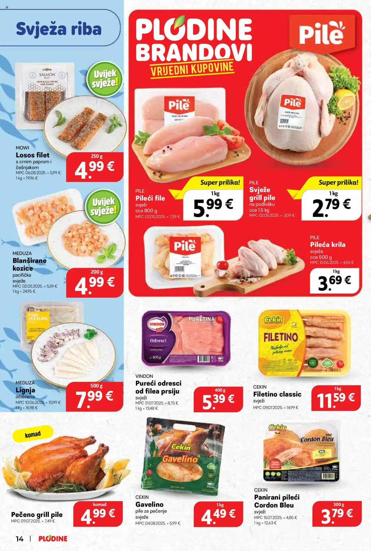 Plodine katalog | vrijedi od 10.09.2025 | Stranica: 14 | Proizvodi: Puretina, Pileća krila, Losos, Kozice